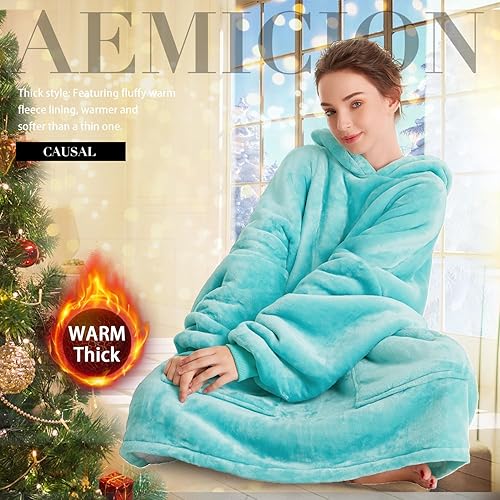 Miniatura 5 de Aemicion Manta con capucha para adultos, gruesa y acogedora manta de sherpa de gran tamaño como regalo para mujeres y hombres, verde azulado