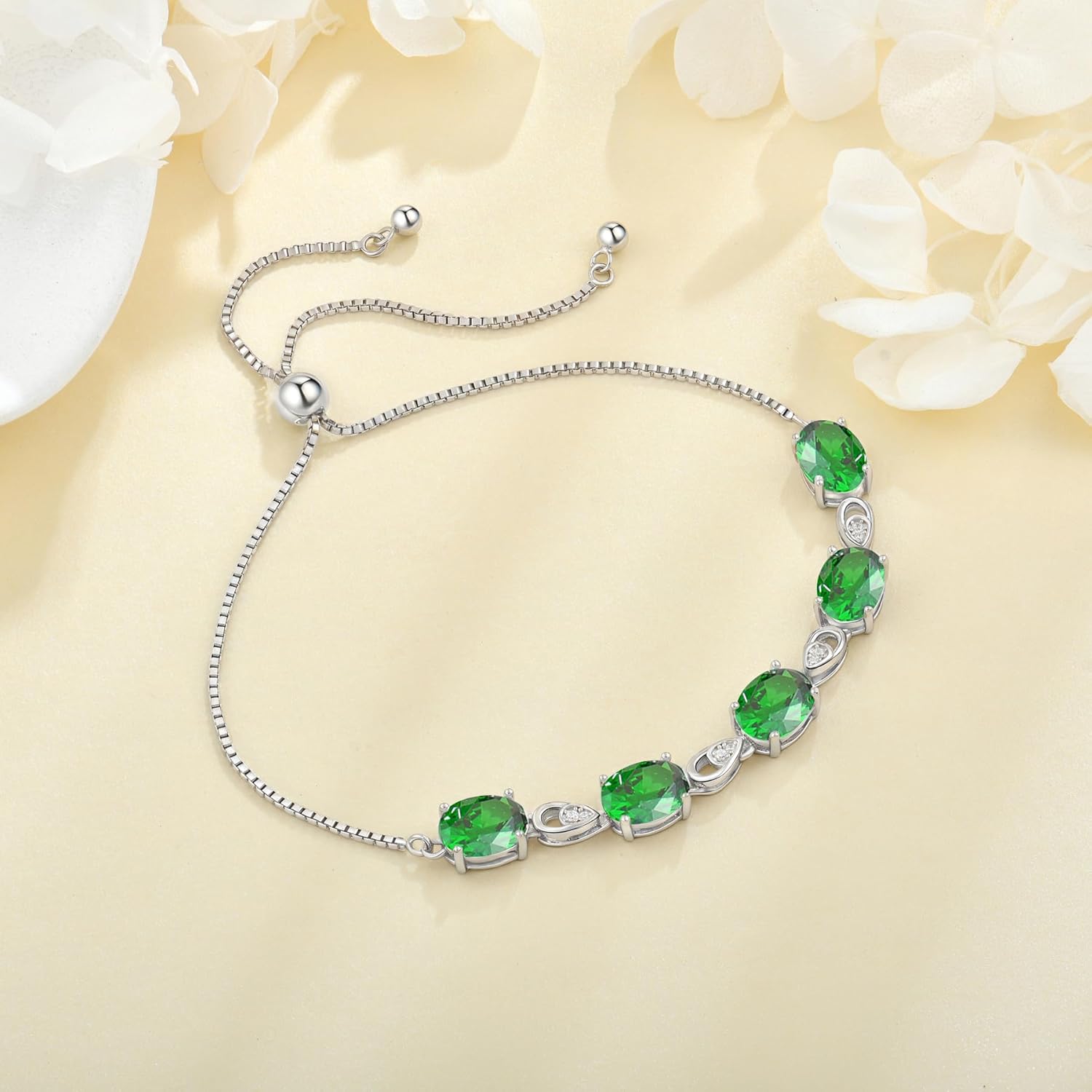 925 Sterling Silver Birthstone Bracelet for Women Oval/Cushion Cut Tennis Adjustable Bracelet Cubic Zirconia Fashion Birthday Wedding Jewelry Gift for Her