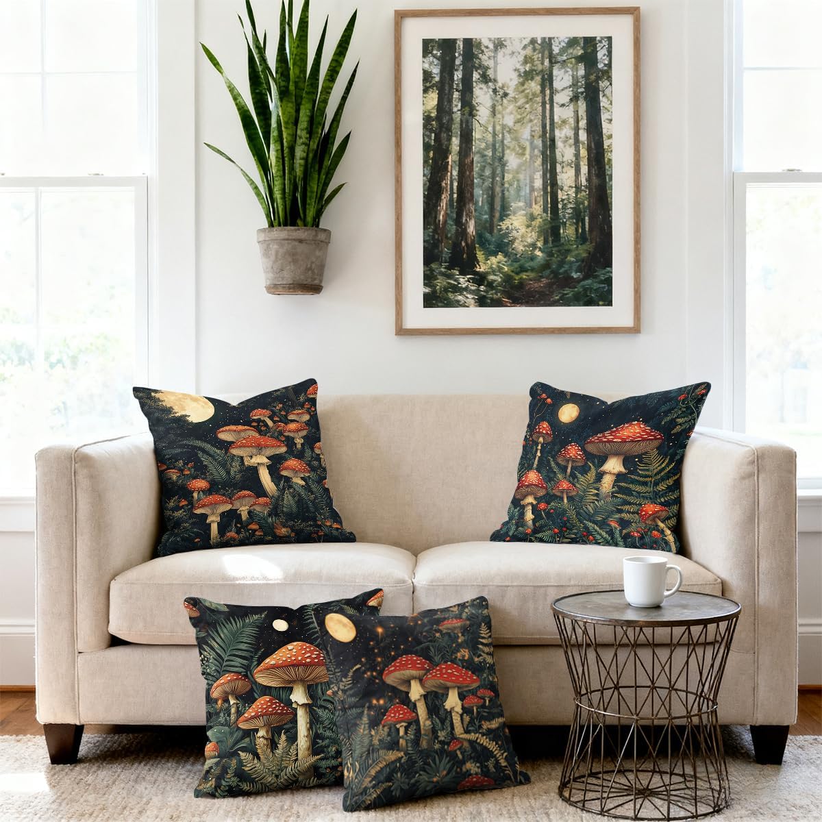 Mystic Forest Pillow Covers 18x18 inch Set of 4, Red Mushroom Moonlight Dark Fantasy Throw Pillow Covers Farmhouse Cushion Case Decor for Sofa Couch - Image 7