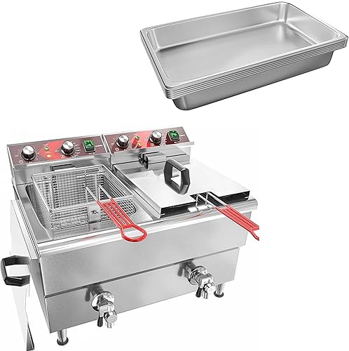 Freidora eléctrica grande de 24 litros con drenaje de aceite y temporizador de 120 V 1750 W y 6 unidades de tamaño completo de 4 pulgadas de