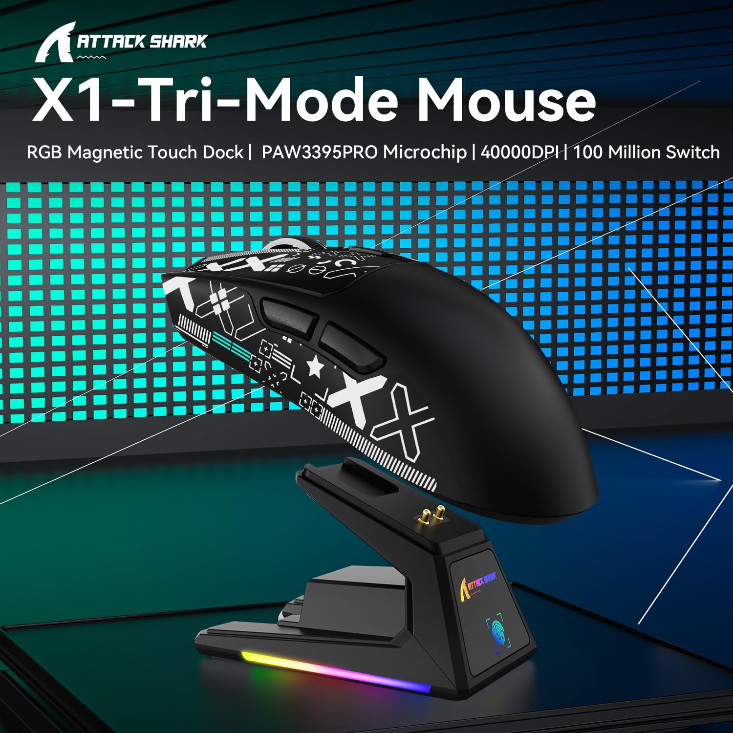 ATTACK SHARK X1 Gaming Mouse with Touchpad RGB Charging Dock, PixArt PAW3395PRO Gaming Sensor, BT/2.4G Wireless/Wired Gaming Mouse with Grip Tape, 40000 DPI, 53g Superlight Gamer Mice (Black)