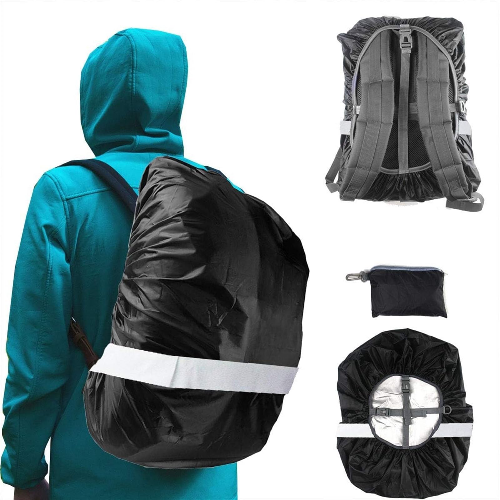THE WHITE SHOP Hi-Visibility Backpack Rain Cover with Reflective Strip Waterproof Ultralight Backpack Cover, Storage Pouch, Anti-Slip Cross Buckle Strap, for Hiking, Camping, Biking, Outdoor, Travelin