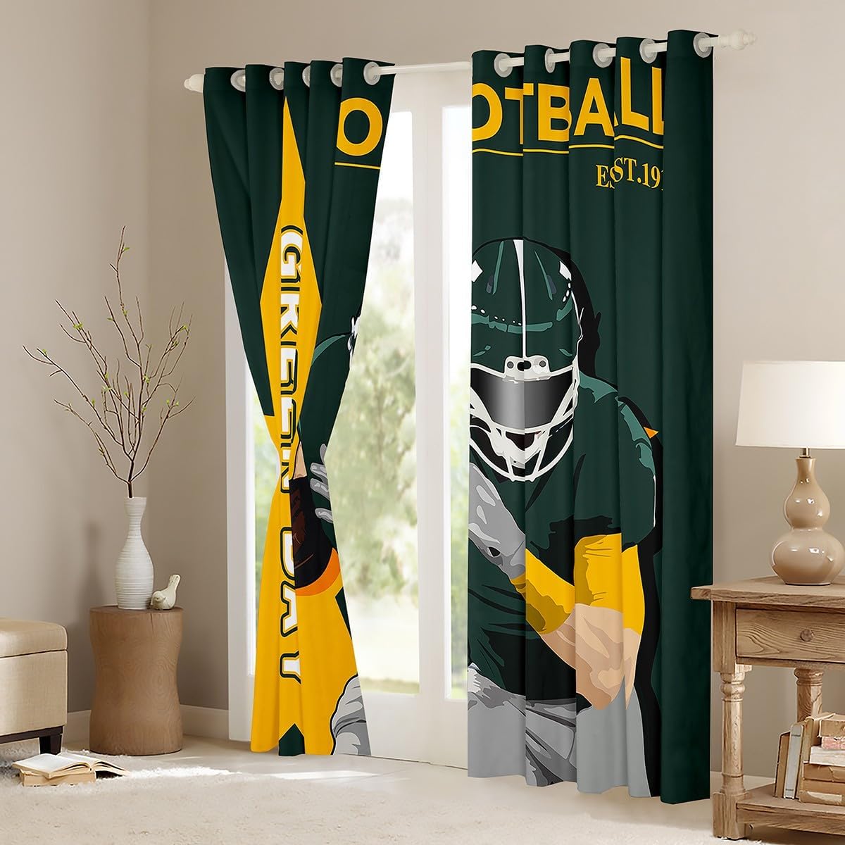 Feelyou Football 30%-50% Room Darkening Blackout Curtain (2 Panels, 38 x 45 Inch) Green Bay Curtains for Bedroom Living Room American Football Player Women Men Football City Blackout Curtains