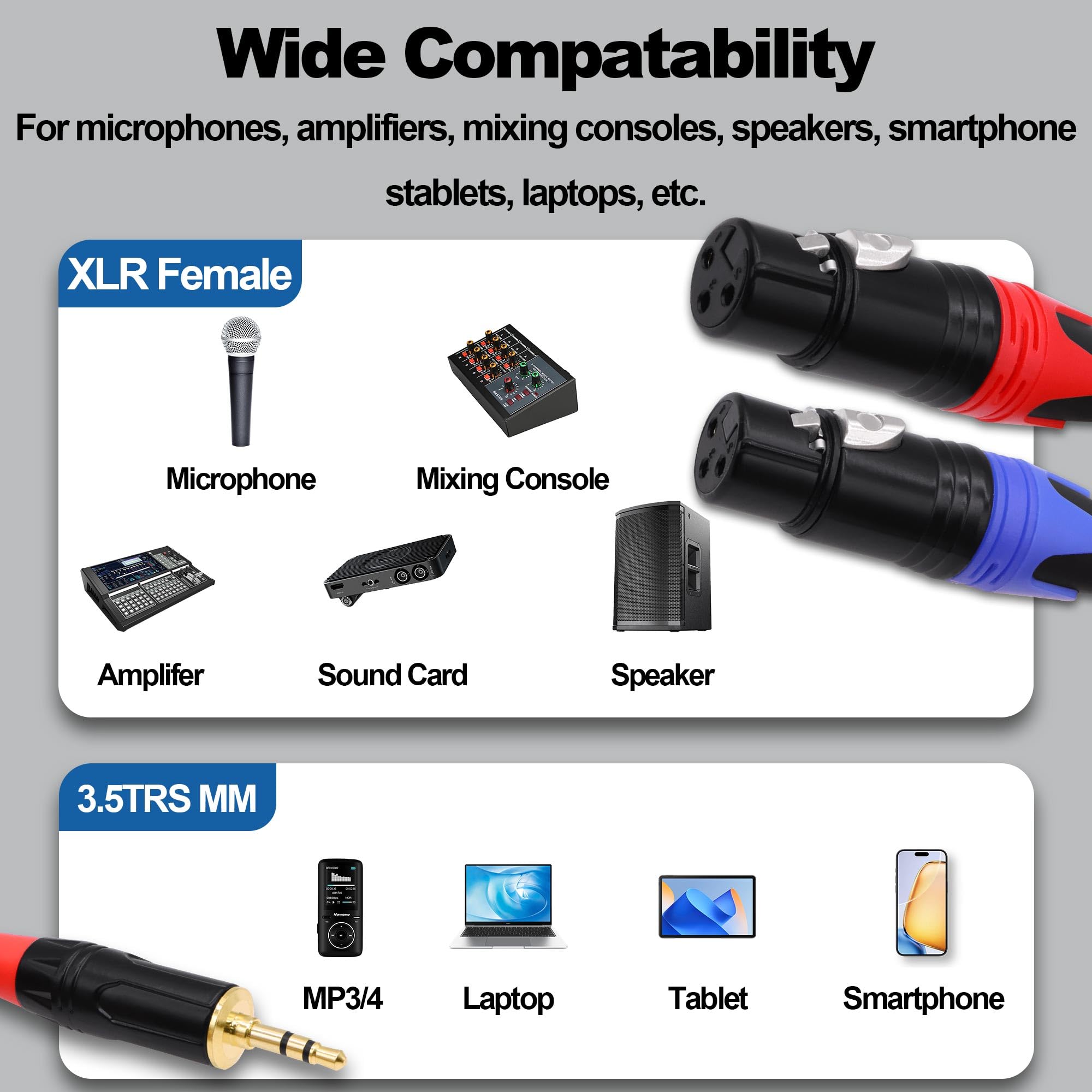 3,5 mm 1/8 TRS auf Dual-XLR-Y-Splitter-Audiokabel, 2 XLR-Buchse auf 1/8-Zoll-Stecker, TRS-Stereo-Aux-Adapter, Interconnect Breakout-Patchkabel für Mikrofon, Smartphone, Laptop, 1 m