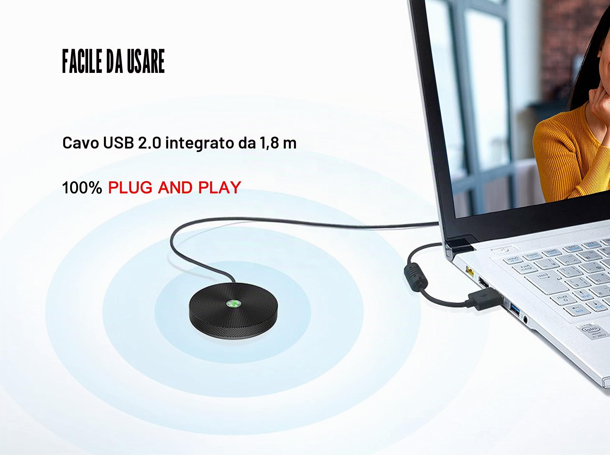 PowerMic - Microfono da conferenza telefonica a 360°, in metallo, con cancellazione dell'eco e del rumore, per sala riunioni o ufficio del telelavoro