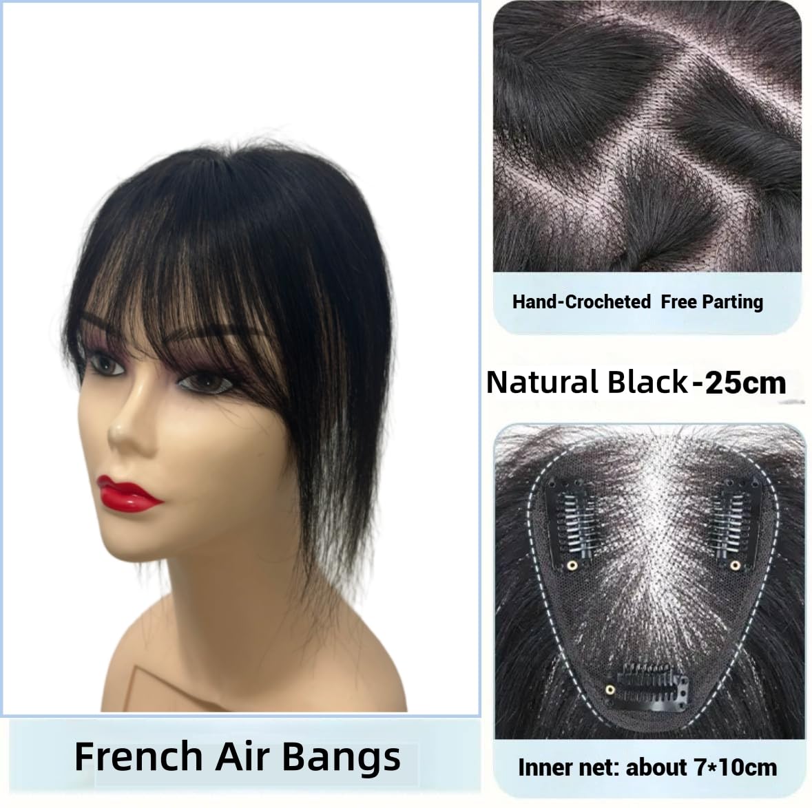 Invsible Real Human Hair Toppers For Women Thinning Hair Extensions Clip in Middle Parting and 3D Wispy French Bangs (Full Lace-Black Air Bangs)