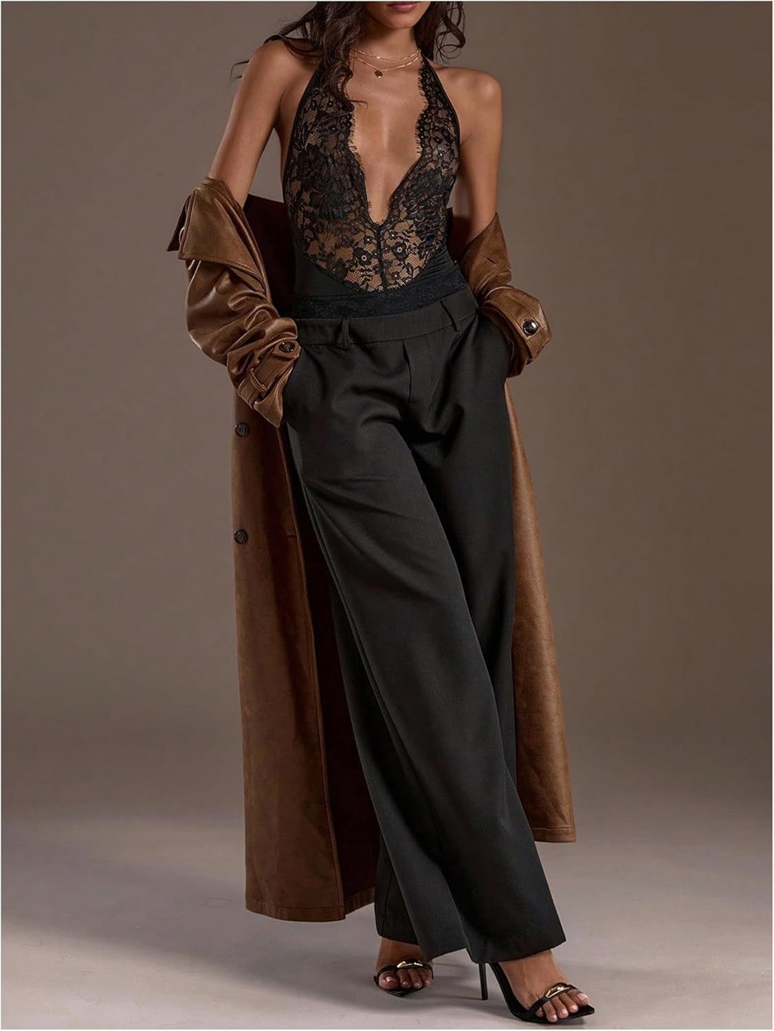 SHENHE Women's Sexy Deep Plunge Lace Bodysuit Backless Halter Neck Going Out Sheer Bodysuit - Image 3