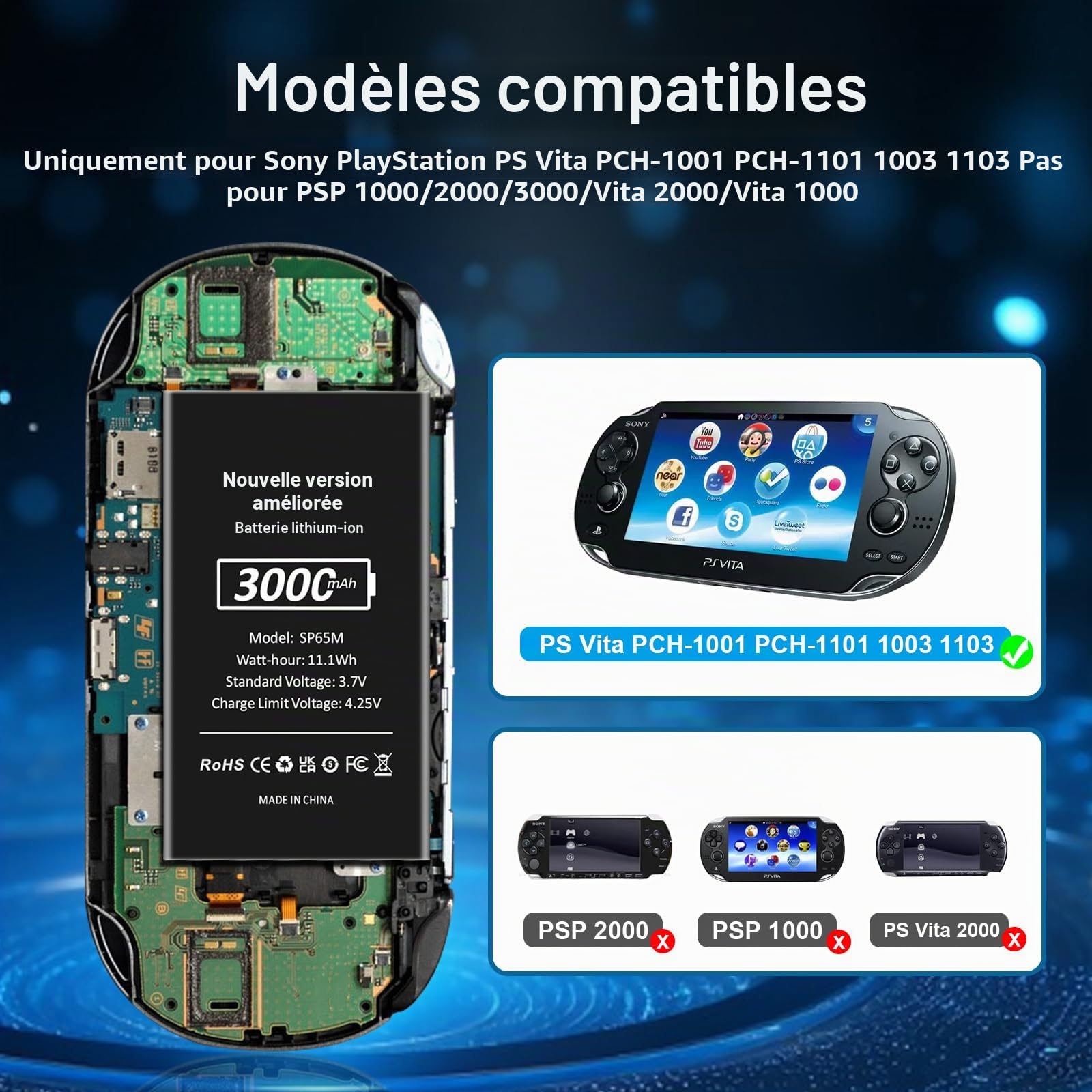 SP65M Batterie haute capacité pour Sony PlayStation Vita (PCH-1000 Series), 3000 mAh, avec kit d'outils pour les modèles : PCH-1001, PCH-1003, PCH-1101, PCH-1103, non compatible avec la série