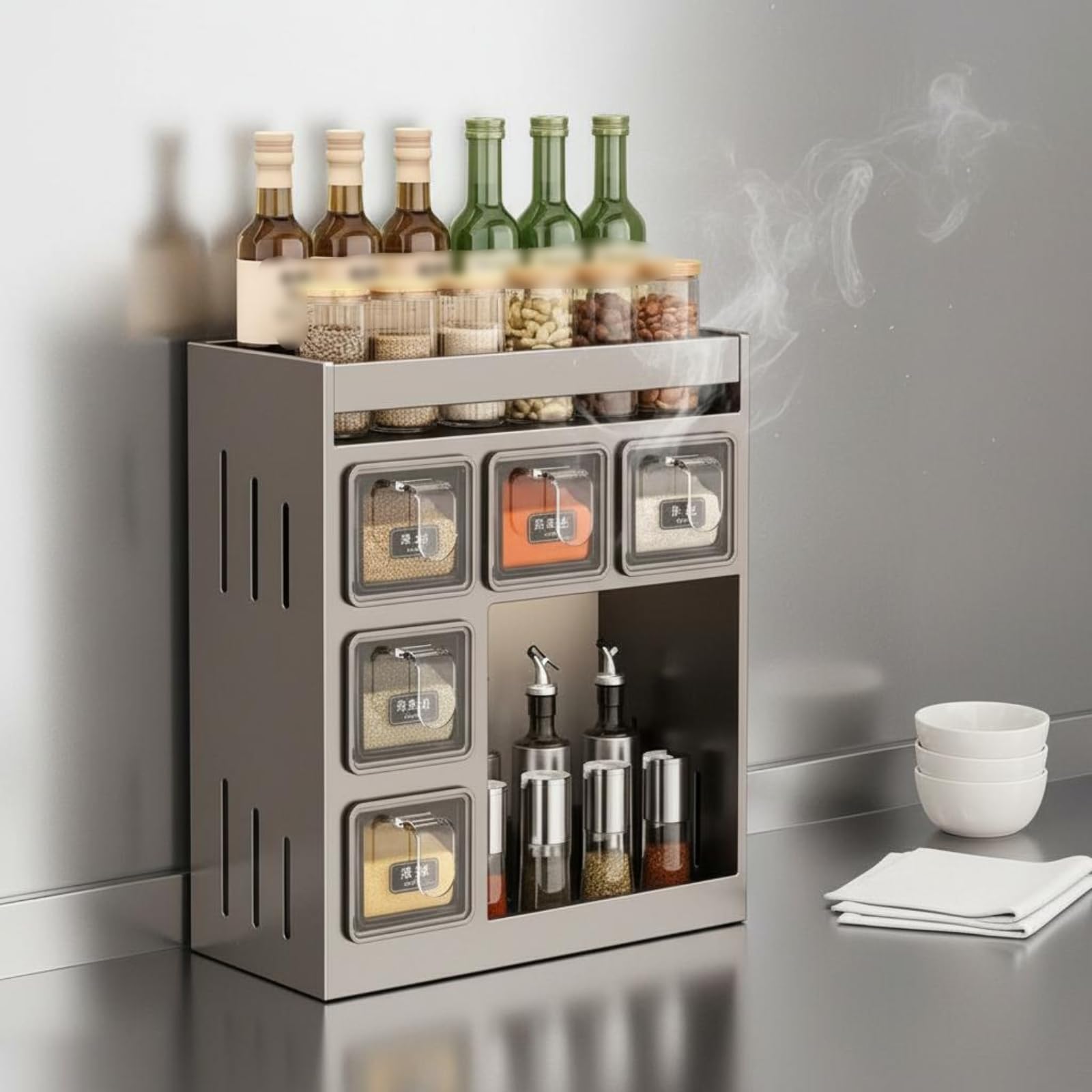 Estante de Especias de Pared Organizador de Cocina Soporte para Condimentos Repisa con Vasos Material Acero Carbono Apto para Almacenamiento Doméstico