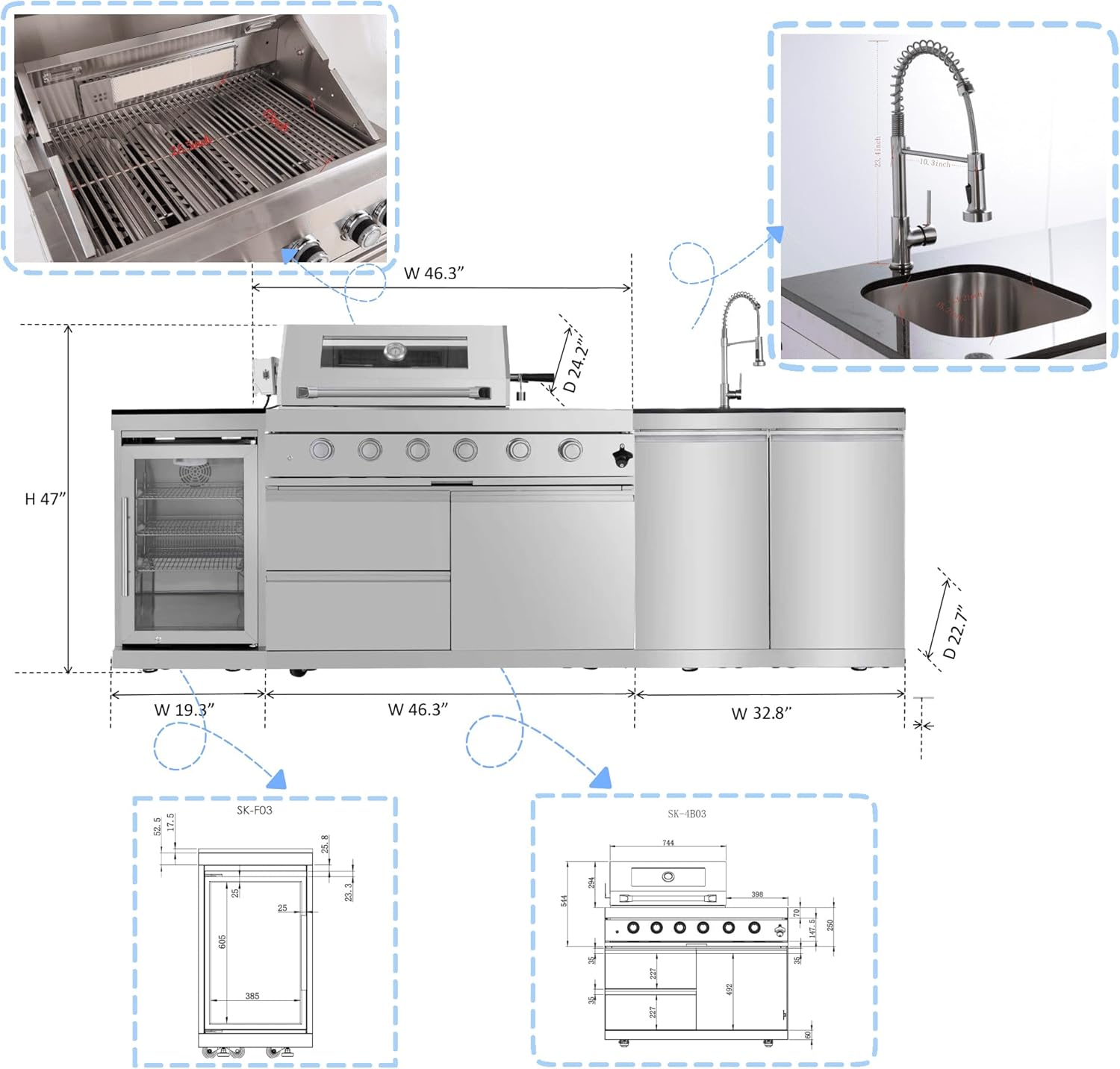 BBQ Island Outdoor Kitchen Kits, 4-Burner 72000 BTU Stainless Steel Modular 98 Inch Natural Gas Outdoor Kitchen Bar Barbecue Island Grill with Refrigerator and Sink for Patio Backyard