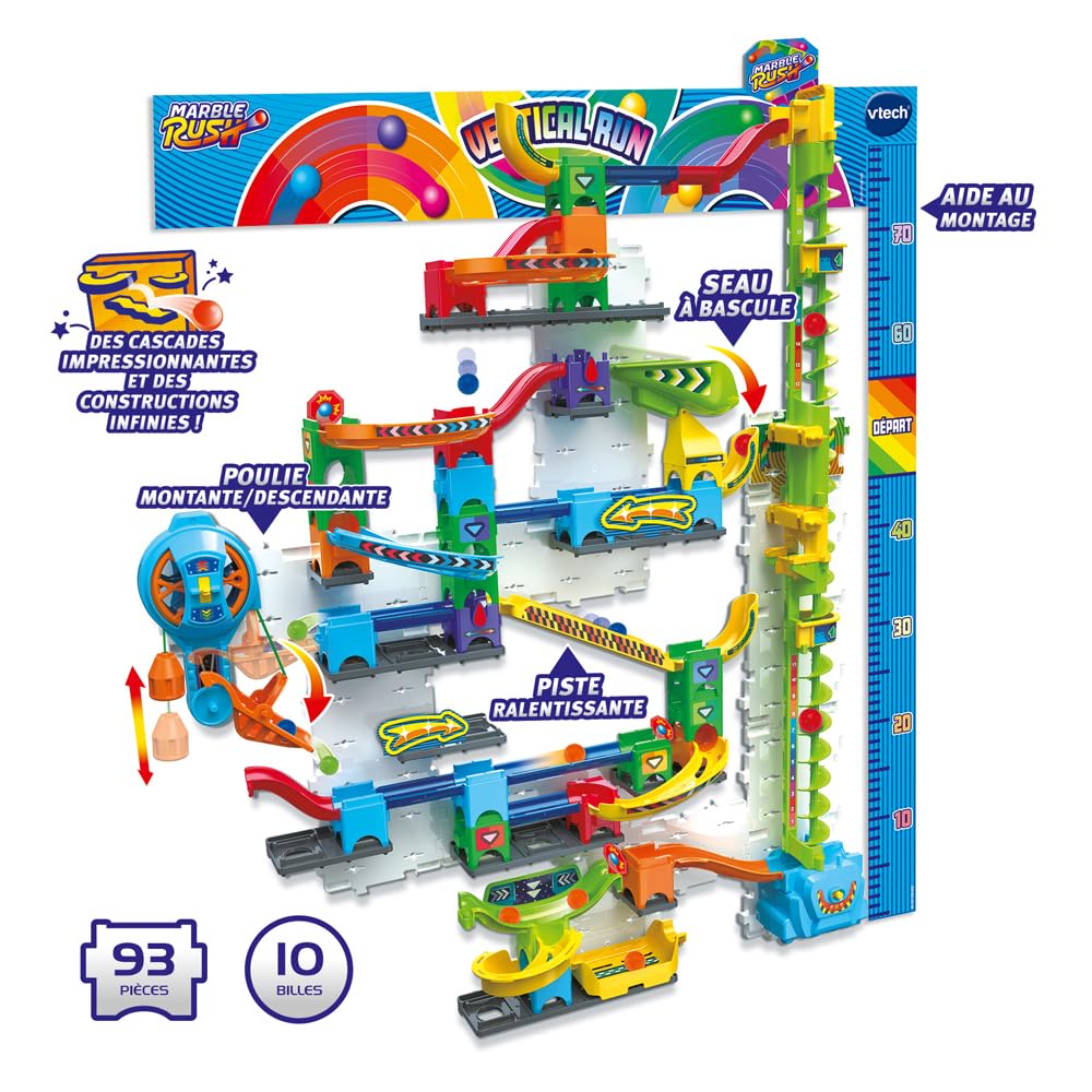 VTech - Marble Rush Ultimate Vertical Run V100E - Circuit à Billes Électronique à la Verticale, 93 Pièces et 10 Billes - Jeu de Construction à Fixer - Cadeau Enfant Dès 6 Ans - Contenu en Français