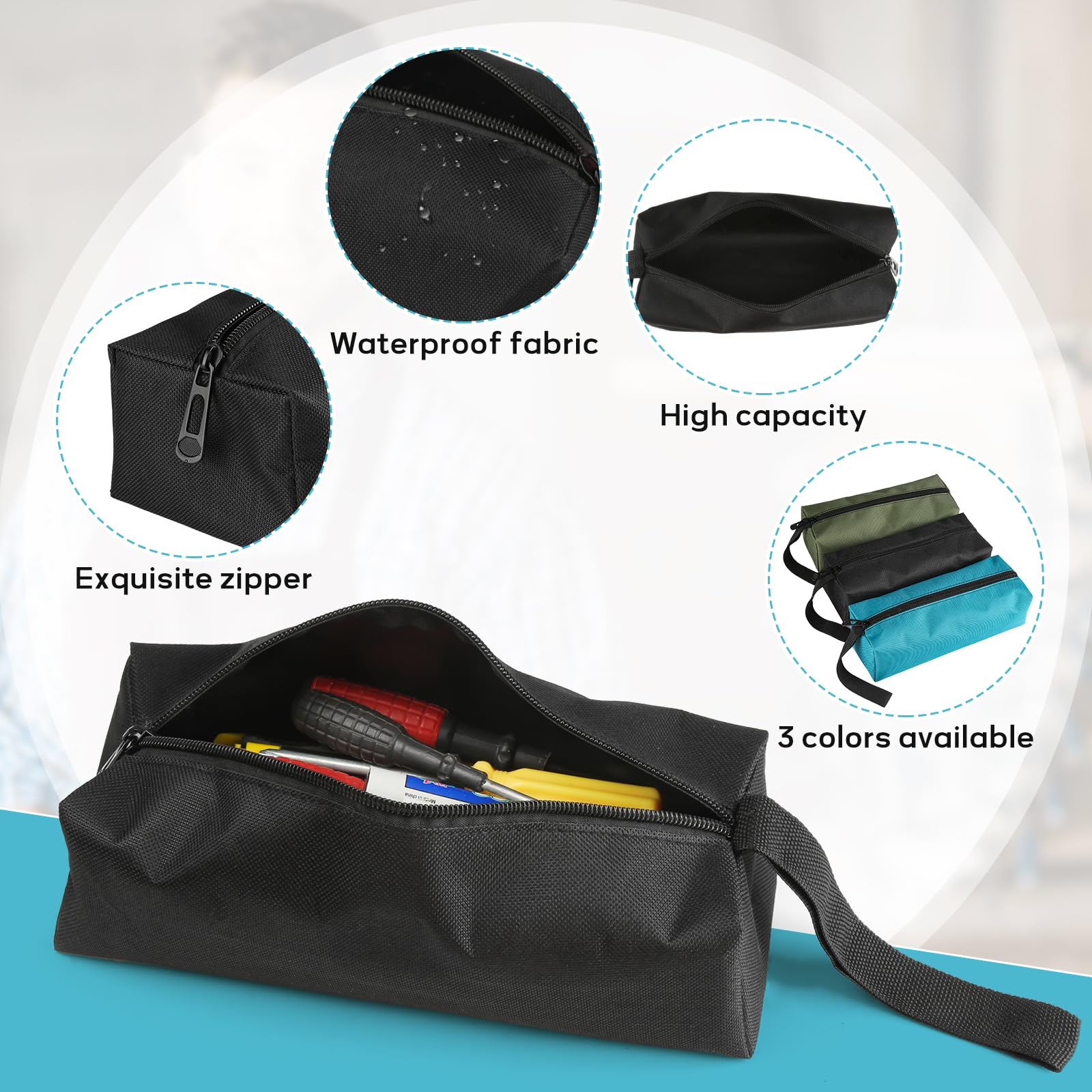 3 pezzi borsa porta attrezzi portatile piccola in tessuto Oxford 600D impermeabile con chiusura lampo, borsa per attrezzi multiuso resistente all'usura in tela (nero/blu/verde)