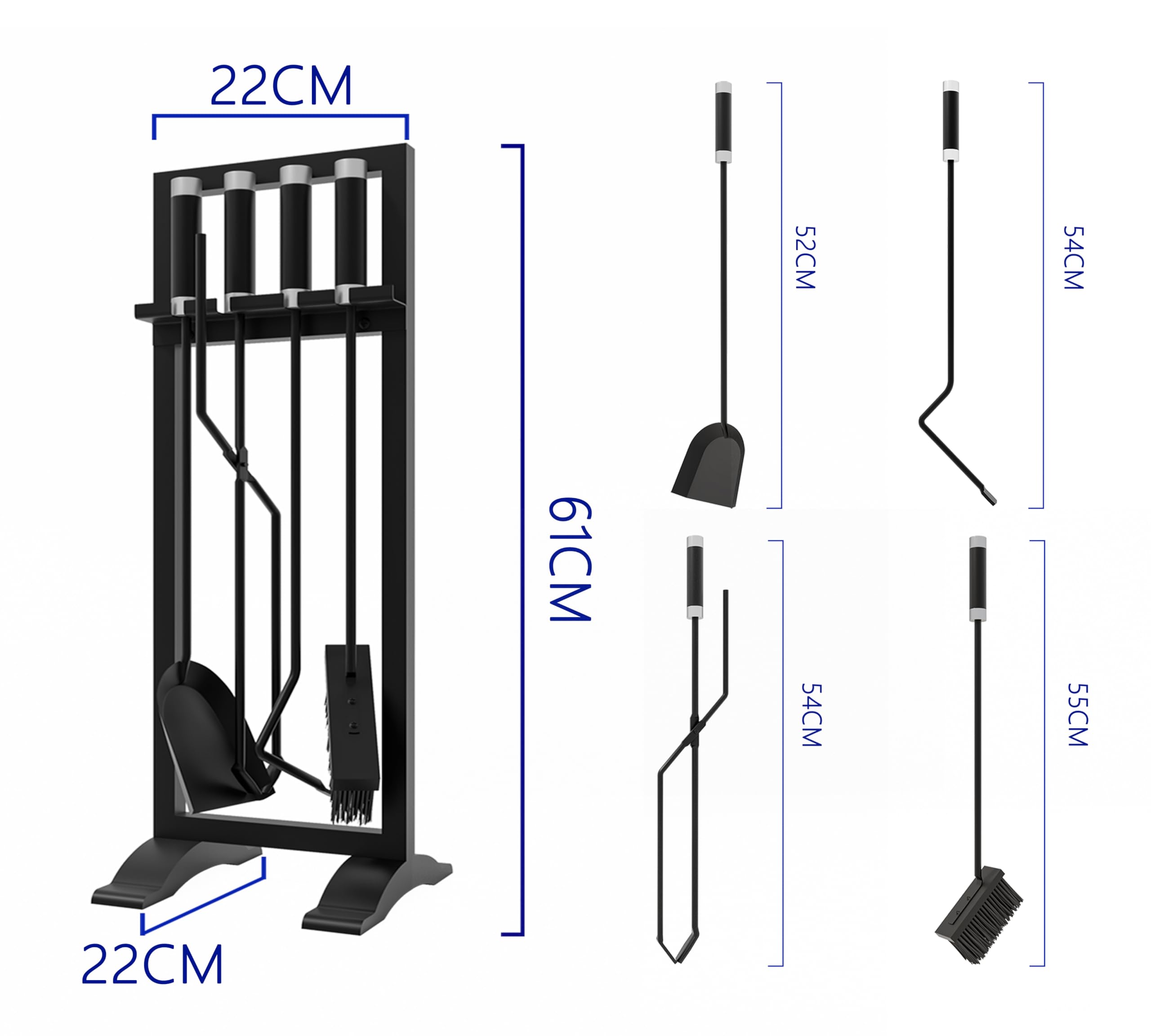 Kingson – Set di accessori per caminetto, 4 pezzi, include attizzatoio, pala, spazzola e pinze – 61 cm, attrezzi per focolare con manici in acciaio inossidabile e ferro – Supporto nero moderno