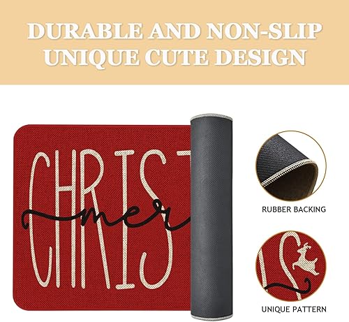 Miniatura 4 de Roszwtit Tapete rojo de puerta de Navidad de 30 x 17 pulgadas, tapete de puerta de alce de Feliz Navidad, tapete de entrada para interiores y