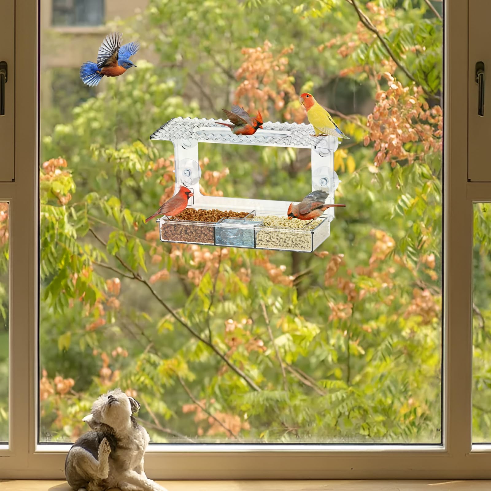 Domek dla ptaków szyba okienna 24,6 x 9,8 x 13,7 cm, zdejmowany dozownik karmy dla ptaków, okno z przyssawkami, do obserwacji ptaków, dekoracja ogrodowa, prezent