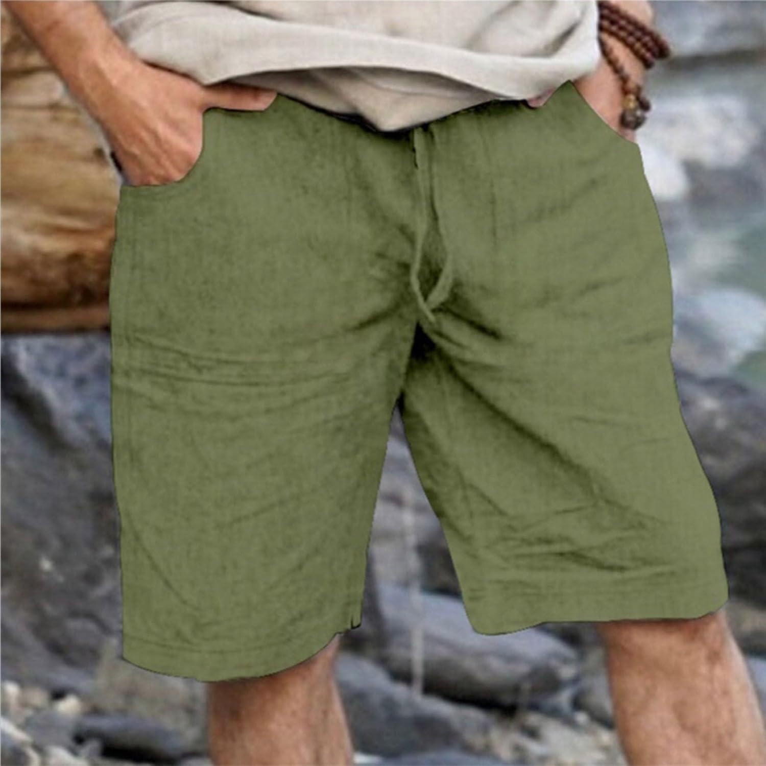 Ymosrh Mens Summer Shorts Elastic Waist Drawstring Lightweight Cotton Linen Breathable Beach Yoga Shorts, S-5XL