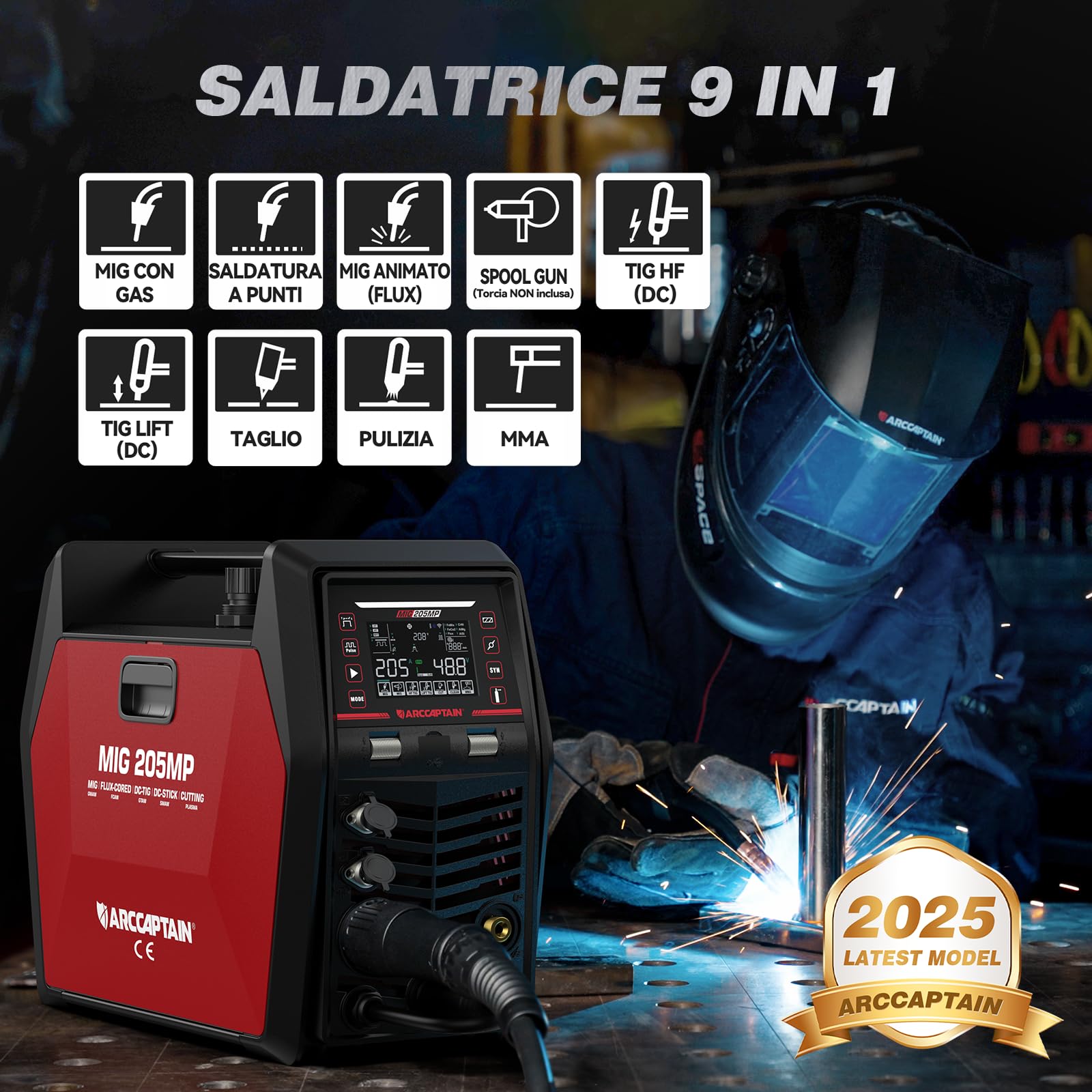 ARCCAPTAIN MIG205MP Saldatrice 9‑in‑1 con controllo iControl App/Plasma Cutter/Pulsed MIG/Flux Core/Spool Gun/DC HF‑Lift TIG/Clean/MMA per alluminio 230V Multi‑processo