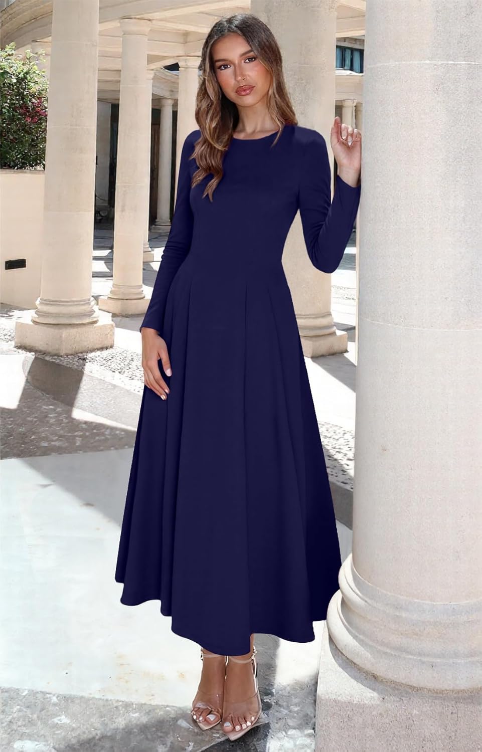 OKIFOIR Long Sleeve Maxi Dress for Women Fall Pleated Babydoll Formal Cocktail Party Dresses 2026 - Image 3