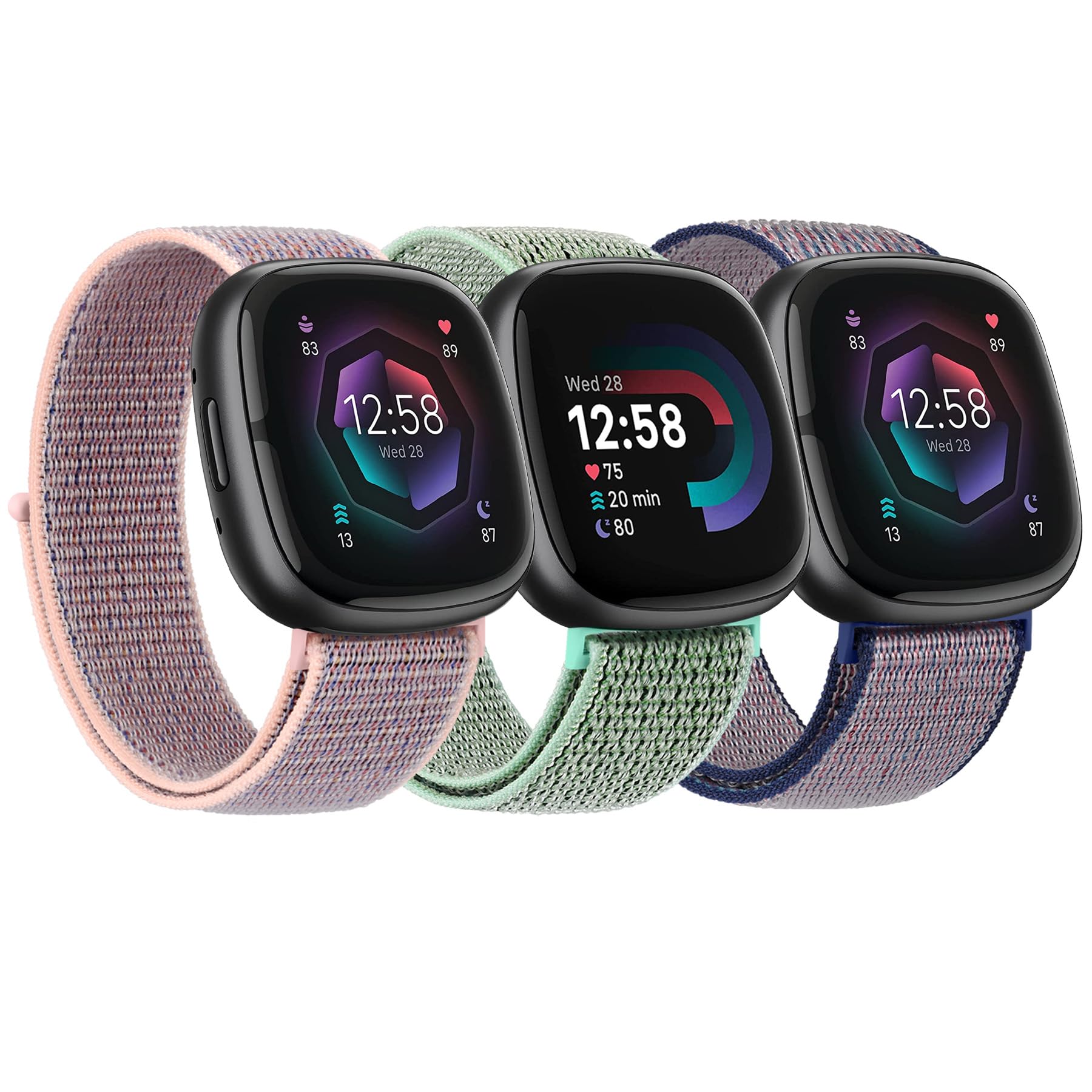 3 Pack Nylon Sport Band, Compatible with Fitbit Sense 2 bands/Fitbit Sense bands Adjustable Sport Solo Loop Replacement Wristband Straps for Women Men