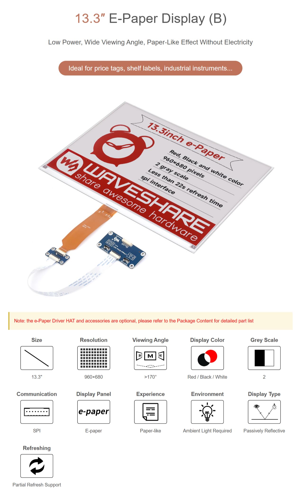 TUOPUONE Wyświetlacz e-papieru 33.8 cm (B) wyświetlacz E-Ink 960 × 680 pikseli czerwony/czarny/biały komunikacja SPI częściowe wsparcie odświeżania nie jest dołączony E-Paper Driver HAT
