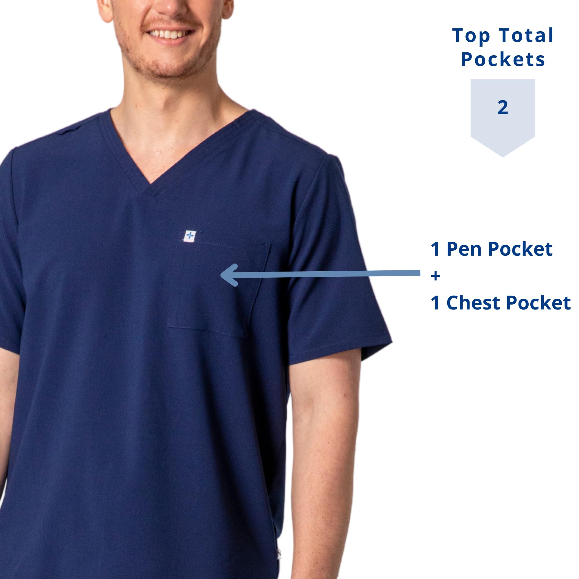Care+Wear Men’s 2-Pocket Scrub Top – Scrub Tops for Men with V-Neck, Includes Chest Pocket and Pen Pocket, Wrinkle-Resistant Soft Scrub Top w/Badge Loop (Large, Navy)