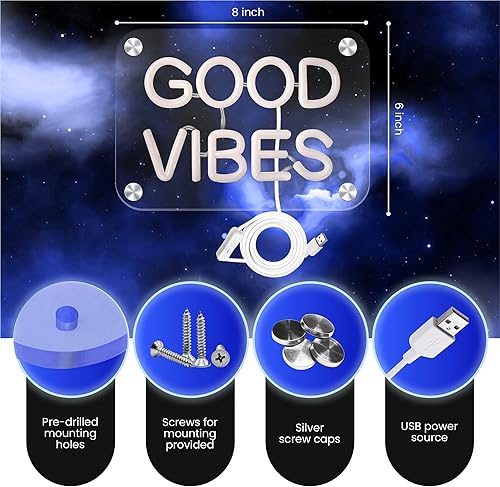 Miniatura 4 de Letreros de neón con luces LED blancas de Good Vibes, decoración de pared para dormitorio, alimentada por USB (6 x 8 pulgadas) (Good Vibes)
