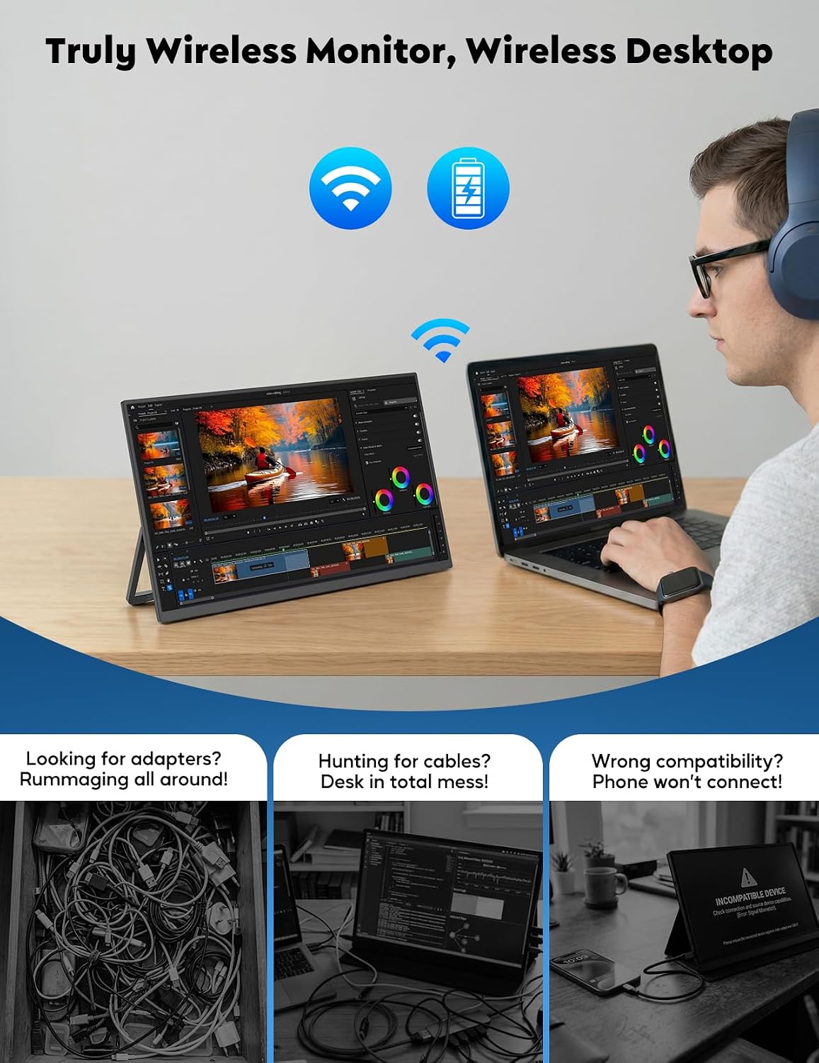 KEEPTIME Wireless Portable Monitor with Battery 8000mAh, 15.6" 1080P IPS Travel Monitor, Support AirPlay Miracast, with Stand/Bag, Second Screen for Laptop, PC, Phone