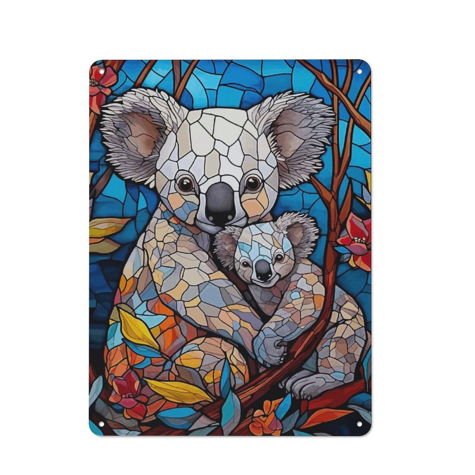 Junmoney Style-16 Koala Family In Stained Glass Shed Style Metal Wall Decor 40X30cm, Tin Sign For Conservatory, Home Bar Or Utility Room