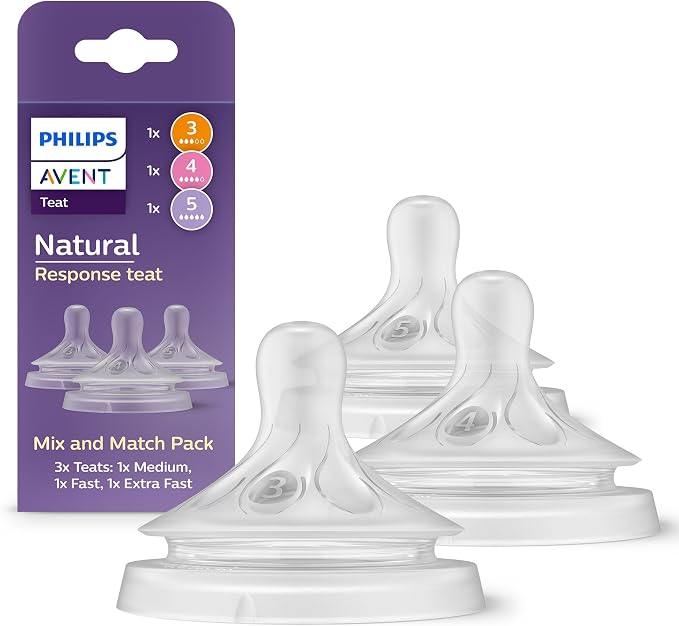 Philips Avent pack de tetinas Natural Response Mezcle y combine, 3 tetinas Natural Response con distintos niveles de flujo (medio [F 3], rápido [F 4] y extrarrápido [F5]), pack de 3, SCY960/03