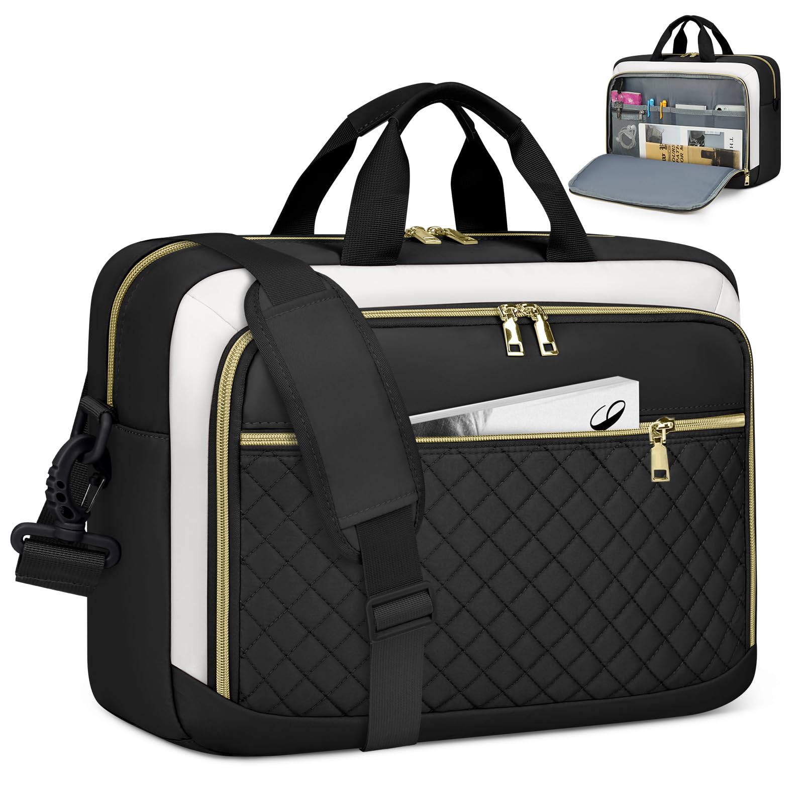 NEWHEY Borsa Porta PC 17.3 Pollici Borsa da Lavoro Donna Impermeabile Borsa Computer Grande Borsa Messenger Valigetta Portadocumenti Tracolla per Ufficio, Università, Scuola，Nero e beige
