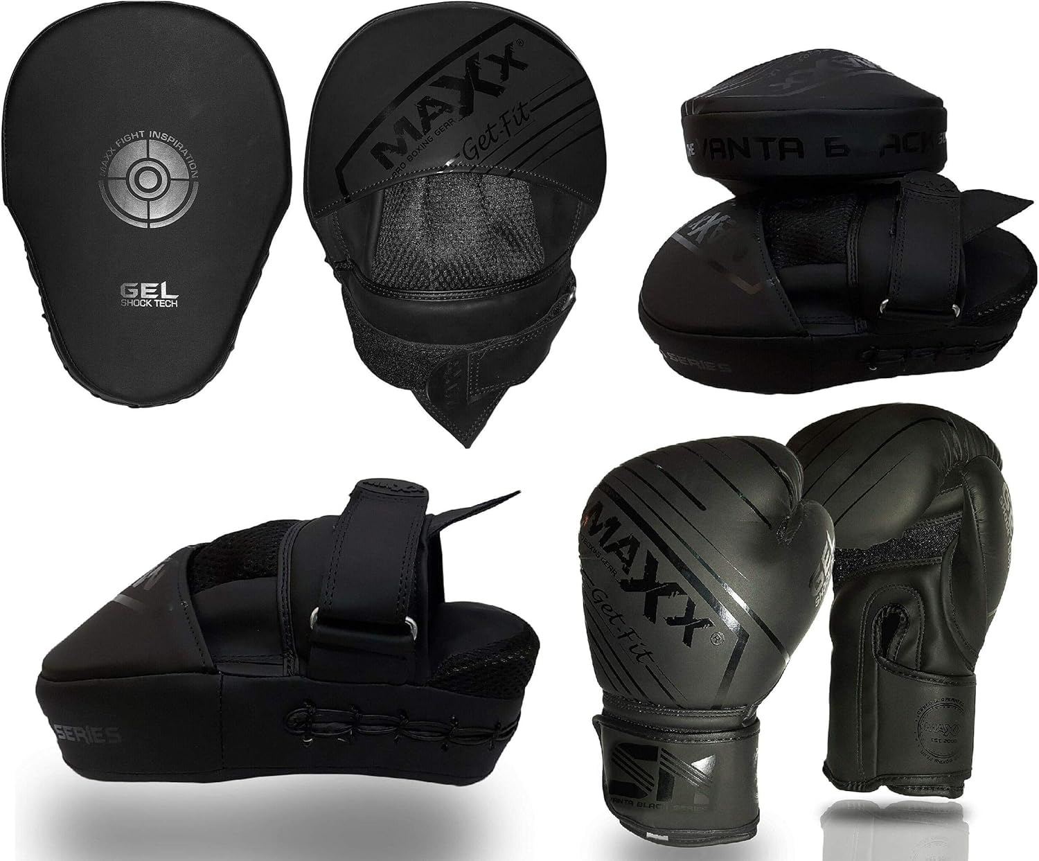 Maxx Vanta Curved Focus Pads with adjustable strap Boxing Punch pad Glove Mma Jabs (Full Black, With 10oz Glove)