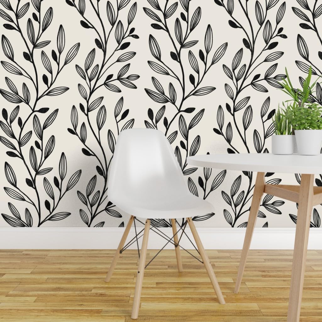Removable Wallpaper Swatch - Black Vines Vintage Leaves Floral Custom Pre-Pasted Wallpaper by Spoonflower