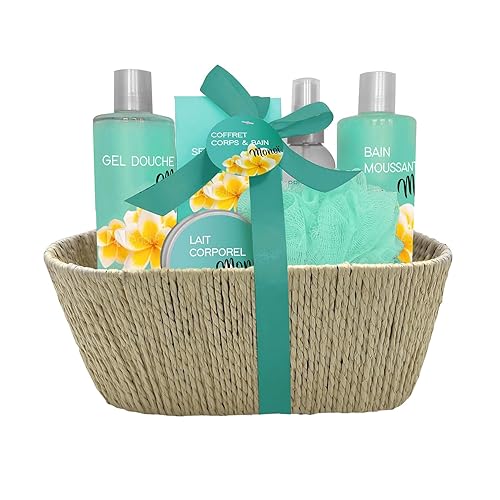 French Tendance - Coffret Bain Monoï - Bain Moussant 300ml, Gel Douche, Lait Corps, Brume, Sels de Bain - Cadeau Femme Beauté, Soin Corps, Bien Etre - Kit Cocooning Panier Corde Monoï - Monoï - Coffret Panier Corde