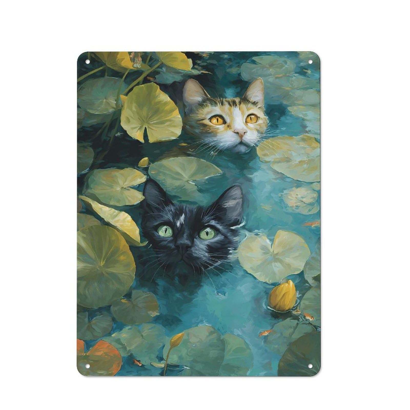 Junmoney Style-20 Cats In A Lily Pond Printed Metal Sign 40X30cm For Man Cave Or Games Room, Suited To Games Room Collectors