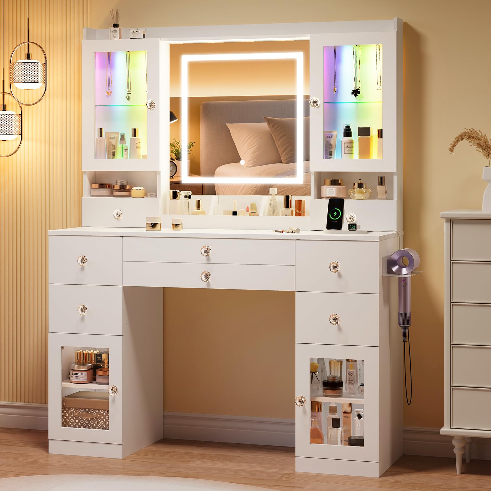 Dripex großer Schminktisch mit Beleuchtung und Steckdosen, Schminktisch mit Spiegel und 2 luxuriösen transparenten Vitrinen mit RGB, Vanity Desk Dressing Table fürs Schlafzimmer, weiß