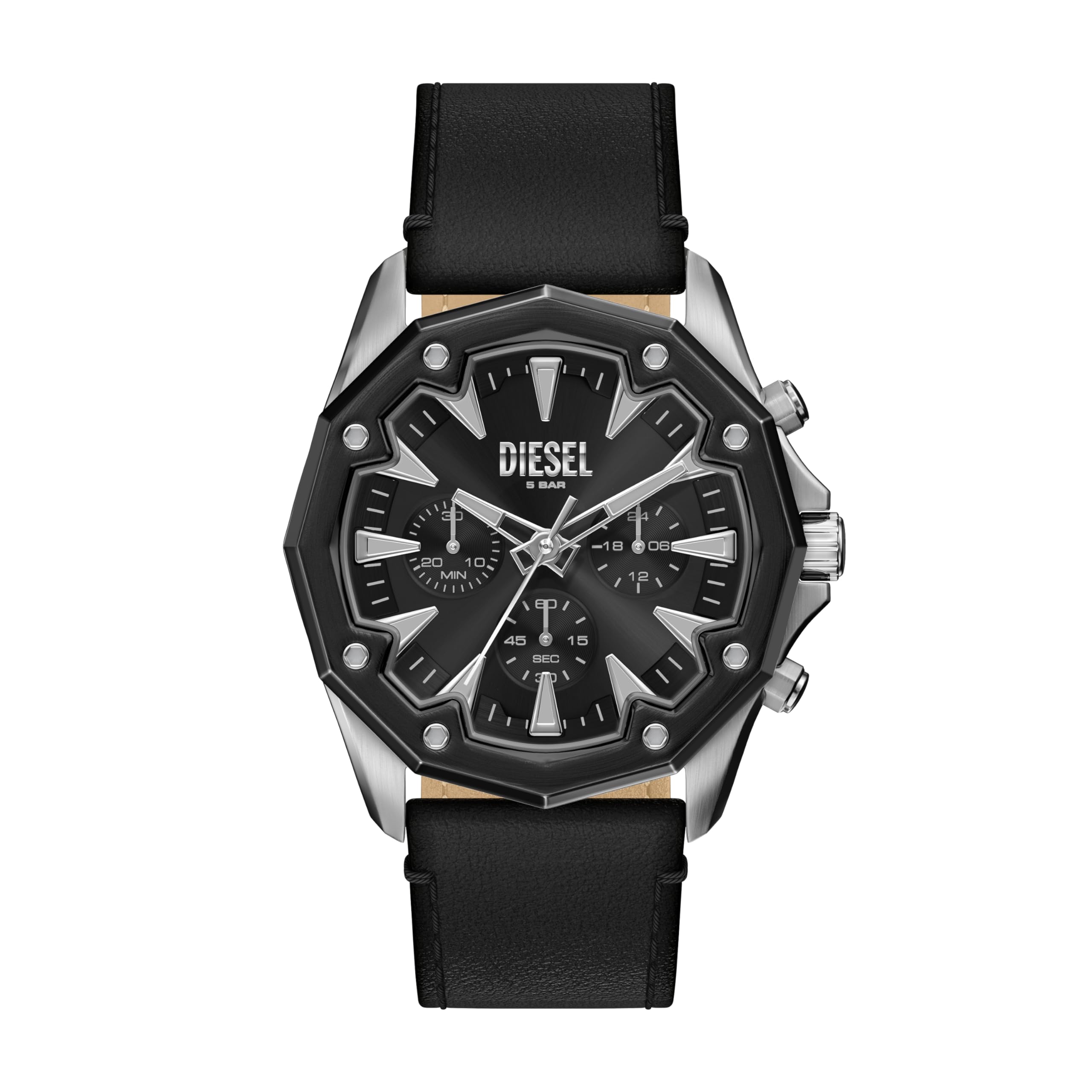 Diesel Mens Stinger Chronograph Black Leather Watch, DZ4710, Black, Men