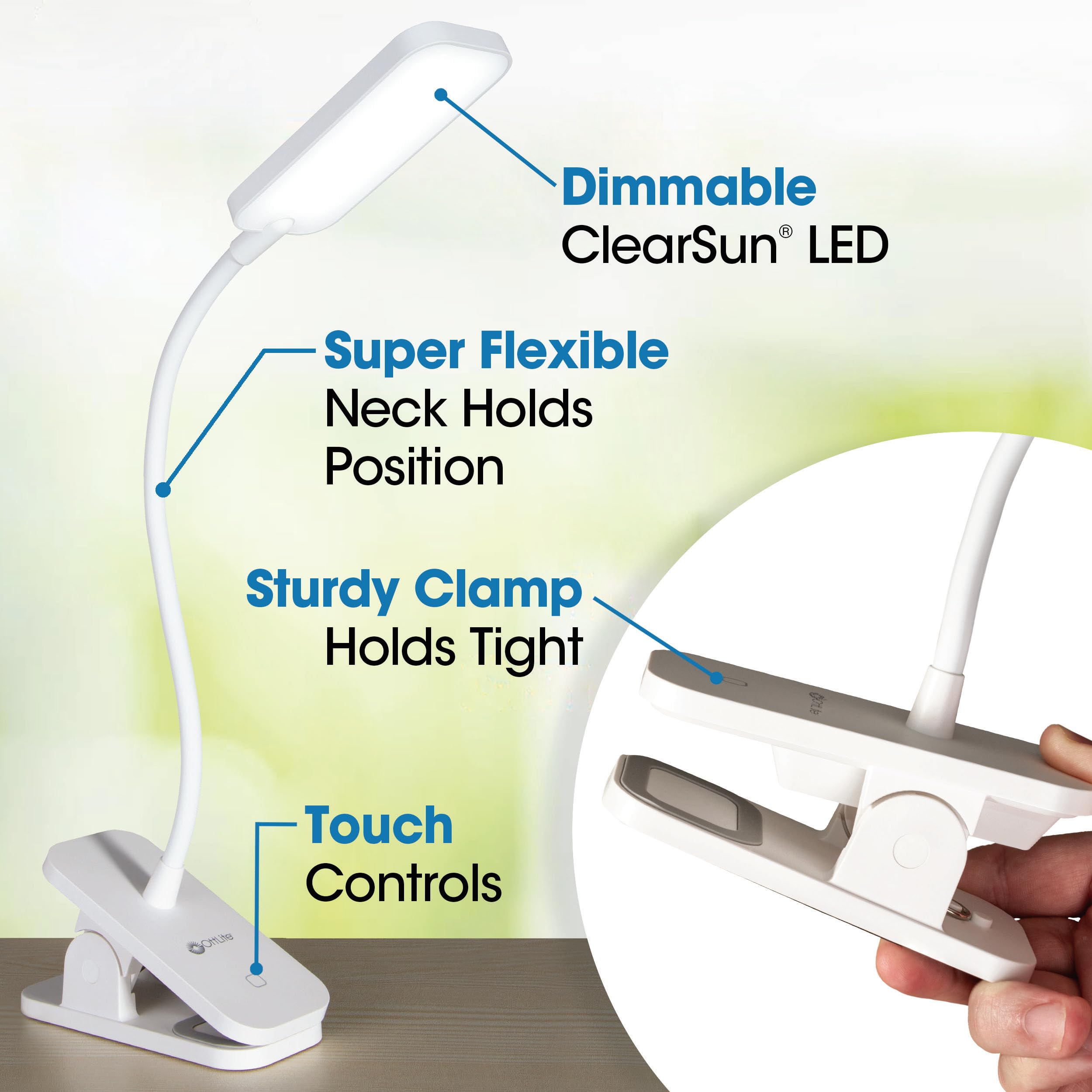 OttLite Rechargeable LED Clip Lamp - ClearSun LED Technology with Touch Activated Control, Dimmable LEDs & Flexible Arm - Travel-Friendly Clip Light for Reading, Bed Headboard & Computers