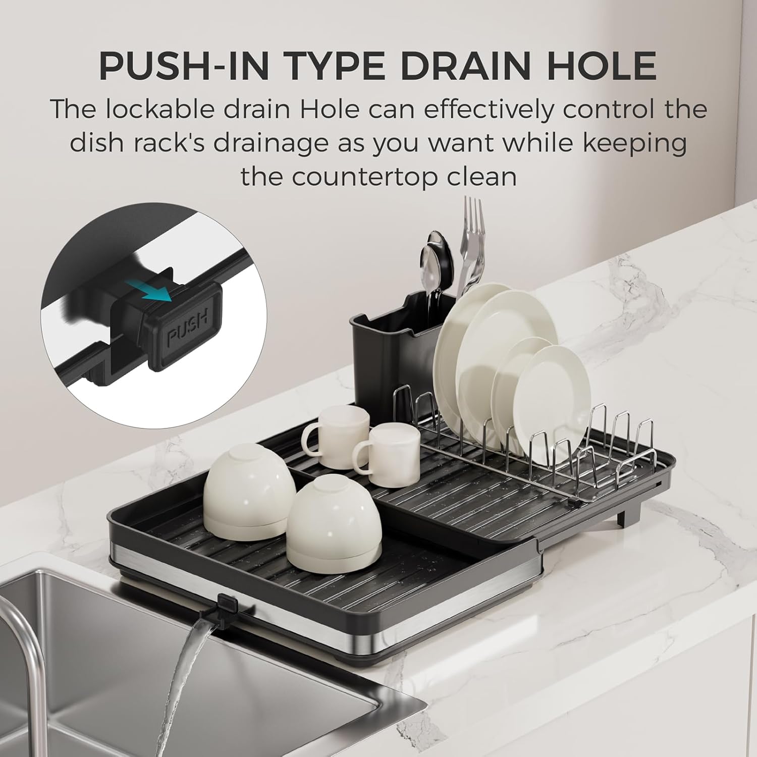 Sineng Expandable Dish Drying Rack,Stainless Steel Foldable Dish Rack with Cutlery Holder,Multifunctional Compact countertop Dish Drainer,Space Saving extendable Big Capacity Dish Holder