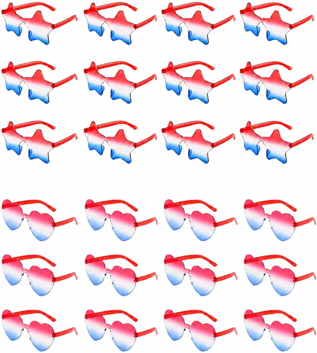 24 Pack 4th of July Sunglasses, Heart & Star Shaped Patriotic Party Glasses, Red White Blue Independence Day Favors for Adults