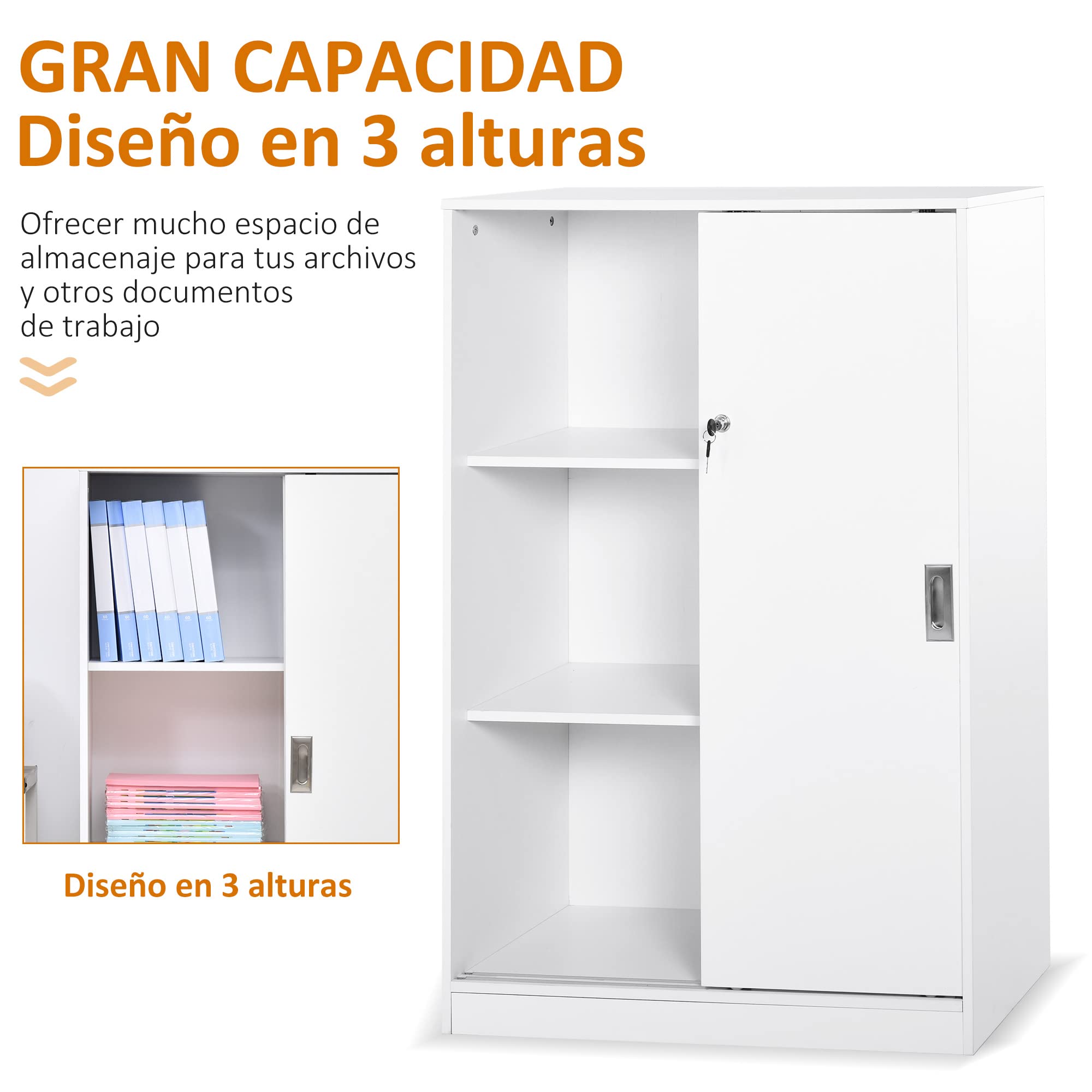 HOMCOM Armario de Oficina Práctico con 2 Puertas Correderas Llaves y 3 Estantes para Despacho Estudio 80x40x120 cm Blanco