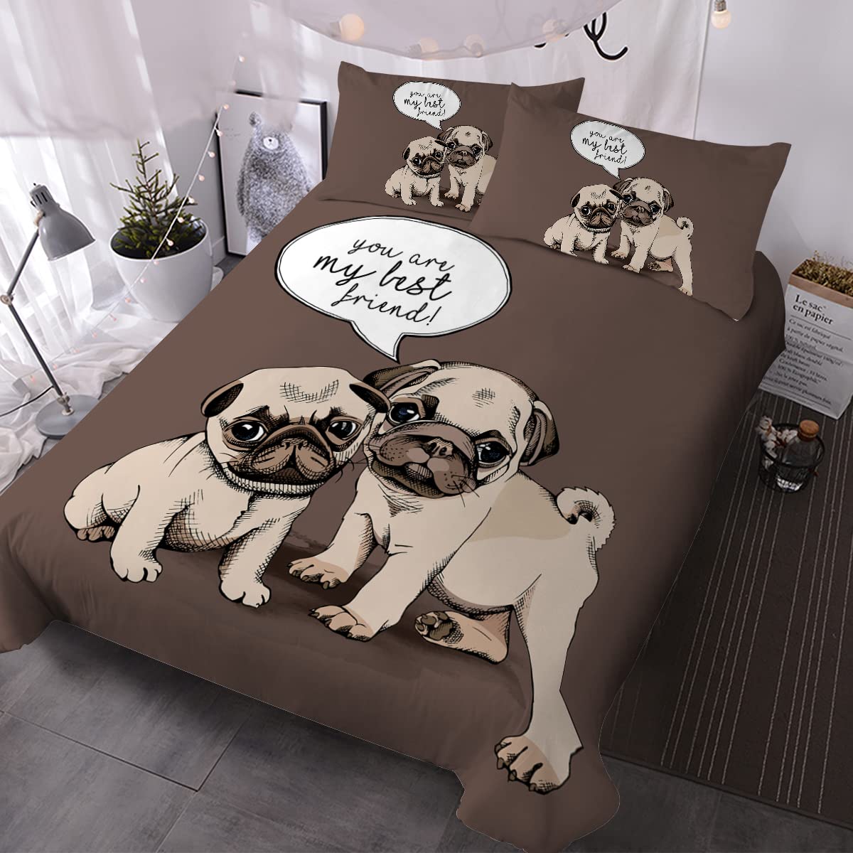 BlessLiving Pug Dog Duvet Cover Pug Bulldog Cartoon Quilt Cover 3 Piece Bedding Set 3D Print Cartoon Friends Pugs Puppies Together Bedding Set Cover (Full)