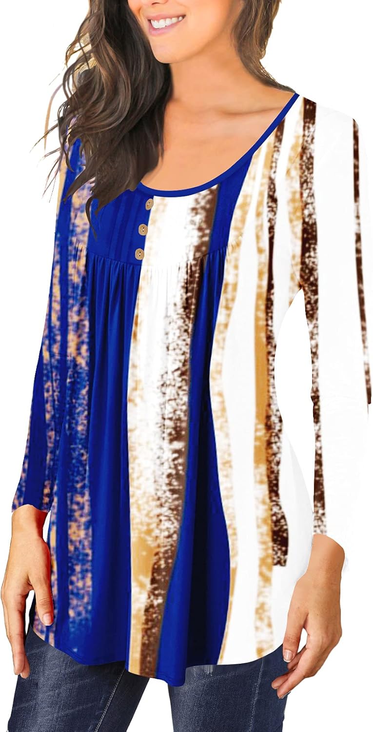 BeadChica Women's Casual Tunic Tops To Wear With Leggings Long Sleeve Floral Henley Blouses Botton Up Shirts-Print-L White Blue Stripe - Image 2