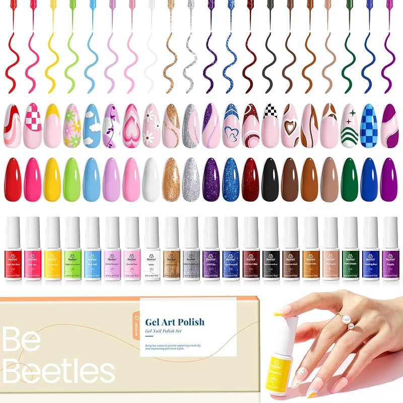 Beetles French Tip Gel Liner Nail Polish Set- 20 Colors Nail Art Polish | Brown Glitter Pink Blue White Red Purple Swirl Gel Nail Polish Nails Art Painted Build in Thin Brush Manicure Gifts for Women