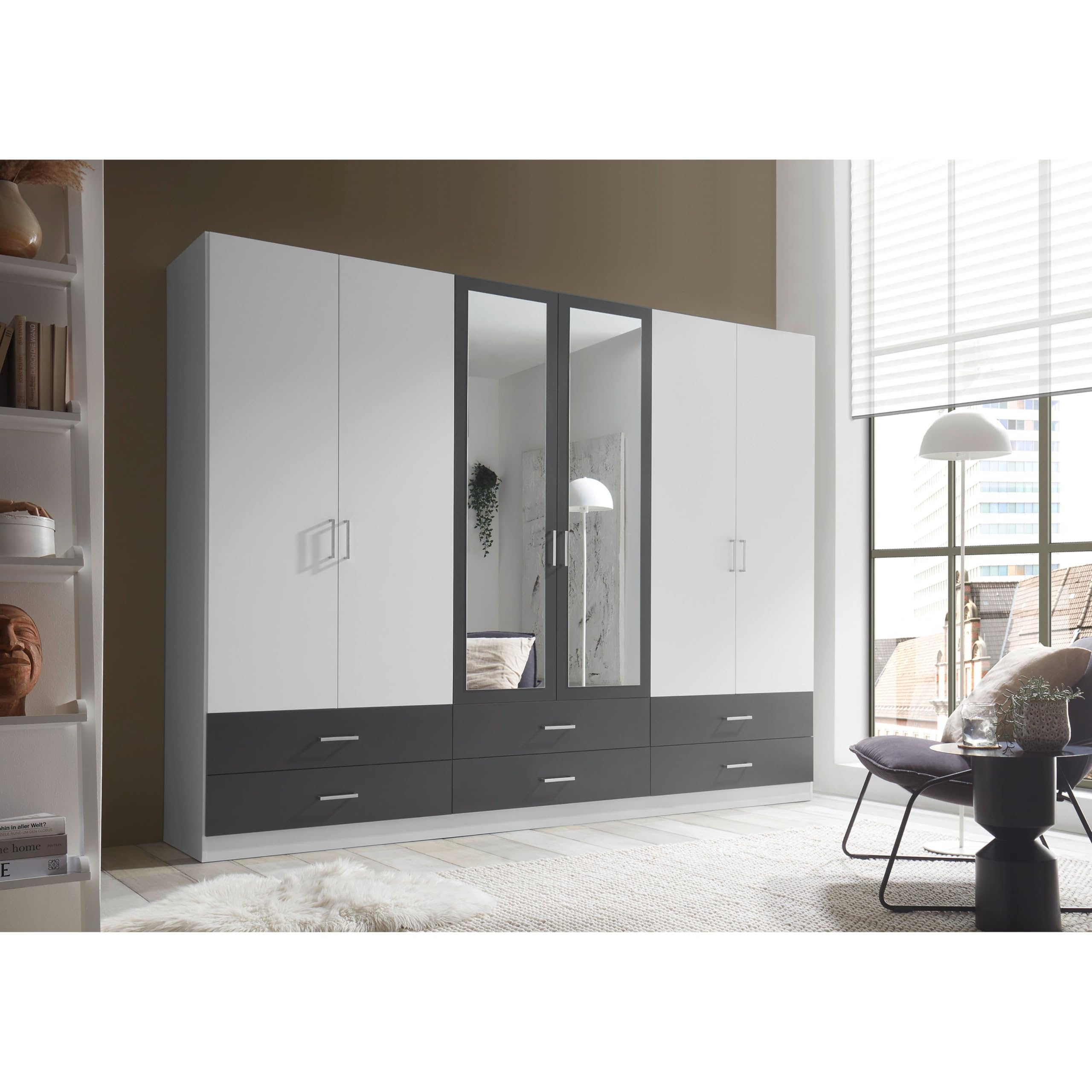 JANNE Kleiderschrank Drehtürenschrank Spiegel Weiß Graphit 272 x 211 x 55cm