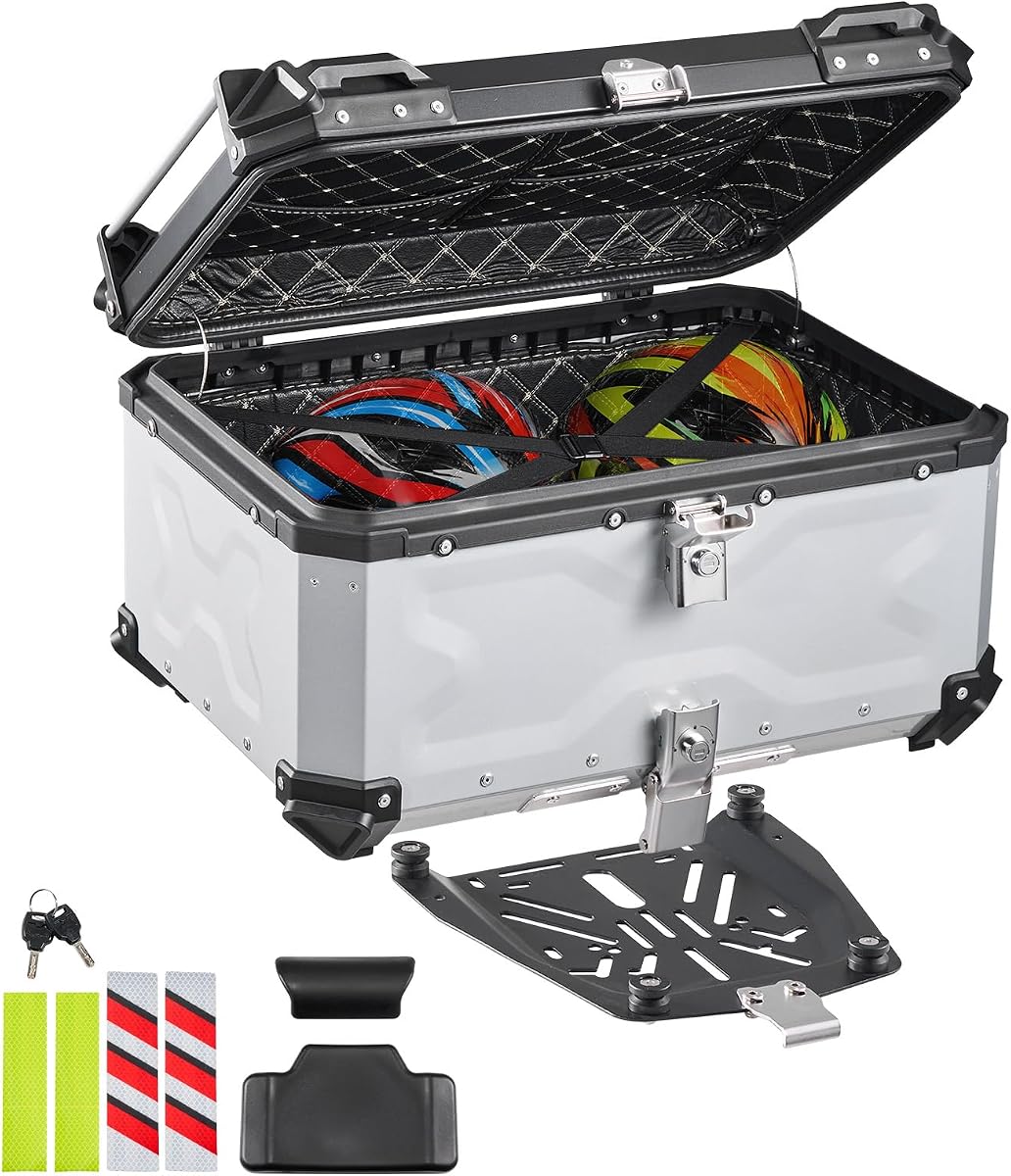 VEVOR Motorcycle Top Case, 65L Universal Aluminum Hard Motorcycle Tail Case, Waterproof Detachable Motorbike Top Box with Security Lock & Leather Liner for Helmets Storage