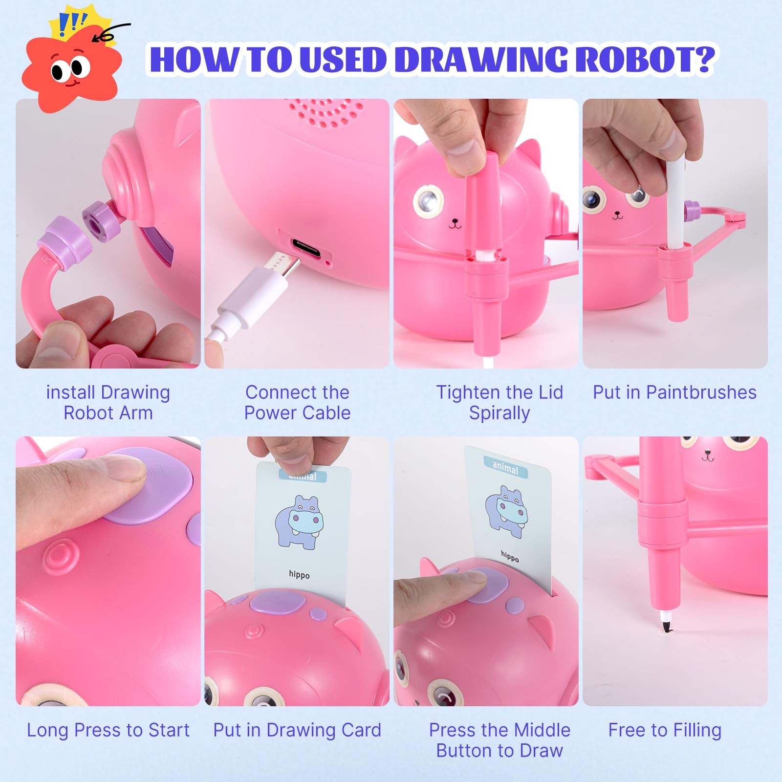 Drawing Robot, Robot da Disegno per Bambini con 100 Carte, Robots da Disegno Che Dipinge, idraw robots Magico Interattivo per Bambini&Bambine (Rosa)