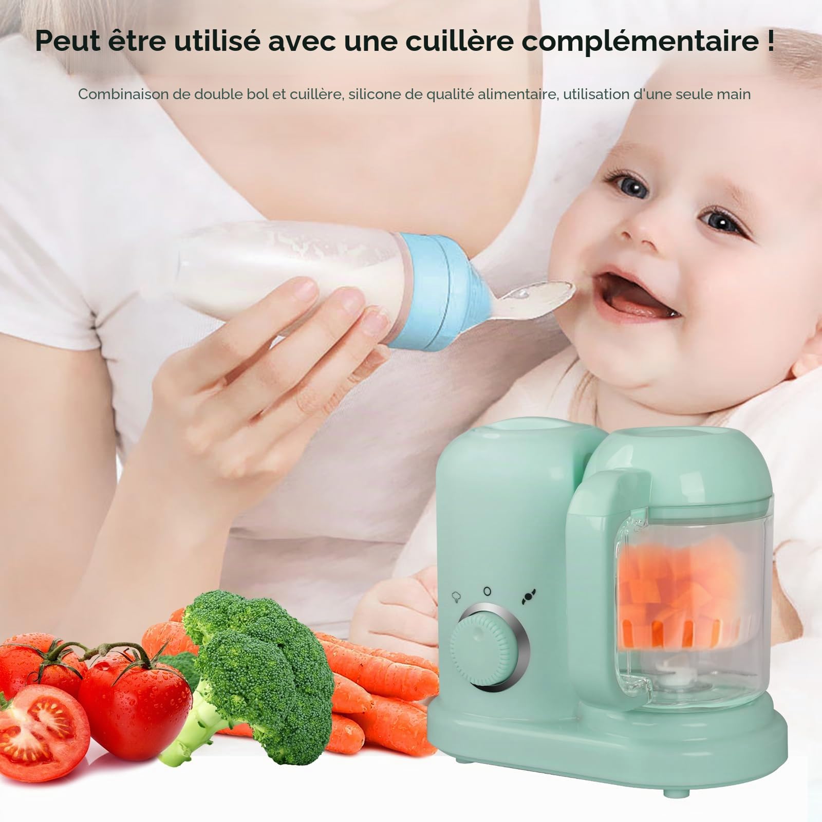 Robot multifonctions 4 en 1, préparateur d'aliments pour bébés, diversification alimentaire, cuiseur vapeur, mixeur, décongélation, réchauffage, cuisson vapeur douce, cuisson vapeur rapide (Vert)