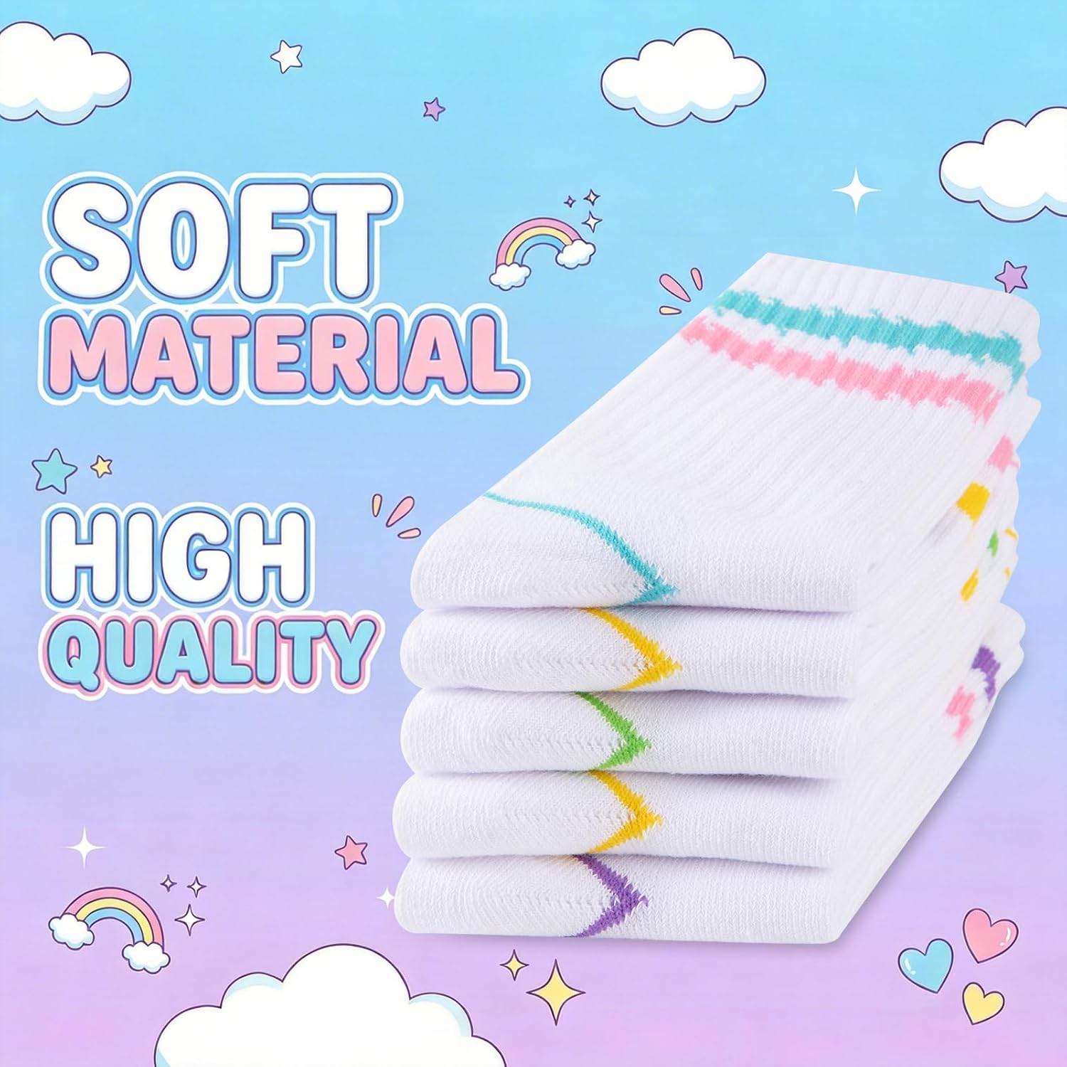 Comfoex Girls Crew Athletic Socks with Stripes Kids Cotton Sports Socks Breathable Casual Socks 10 Pairs