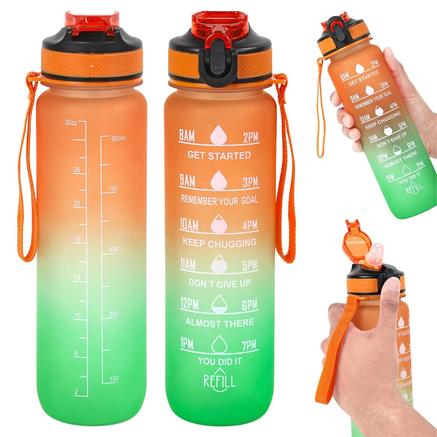 Livhome Orange/Green 1L Leakproof Hourly Water Bottle, Bpa-Free Plastic Bottle With Straw, Time-Marking Intake Tracker, Motivational Gym & Sports Hydration Bottle For Adults ()