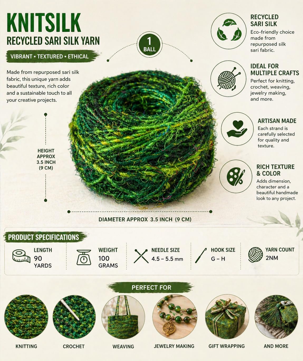 KnitSilk Filato di seta sari riciclata verde – 90 metri per gomitolo, fibra testurizzata per lavori a maglia, uncinetto, tessitura, creazione di gioielli e progetti fai da te, confezione da 10
